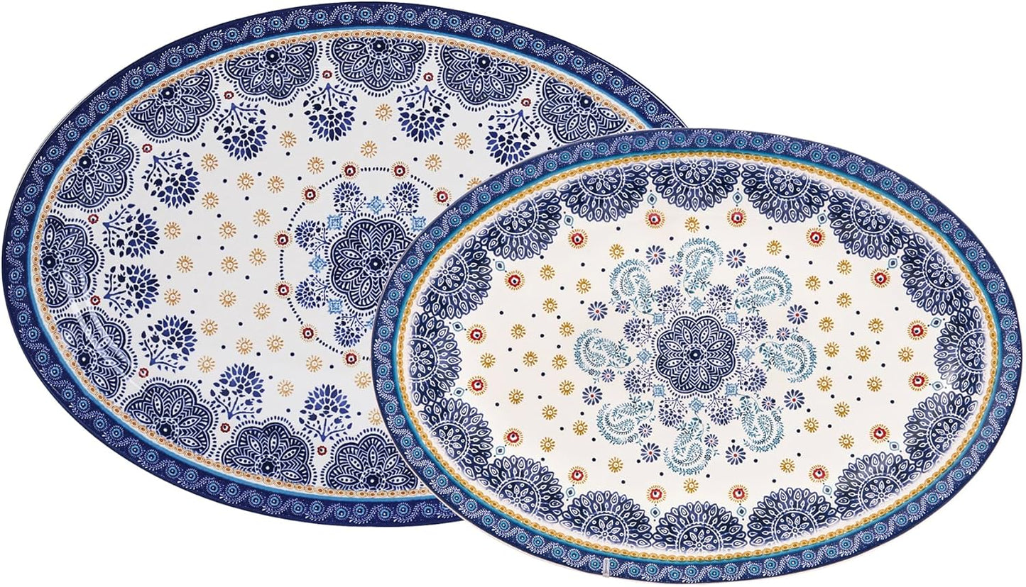 Bico Blue Talavera 16 plus 14 inch Oval Platters Set, Set of 2, Microwave and Dishwasher Safe, for Serving Fish, Chicken, Turkey