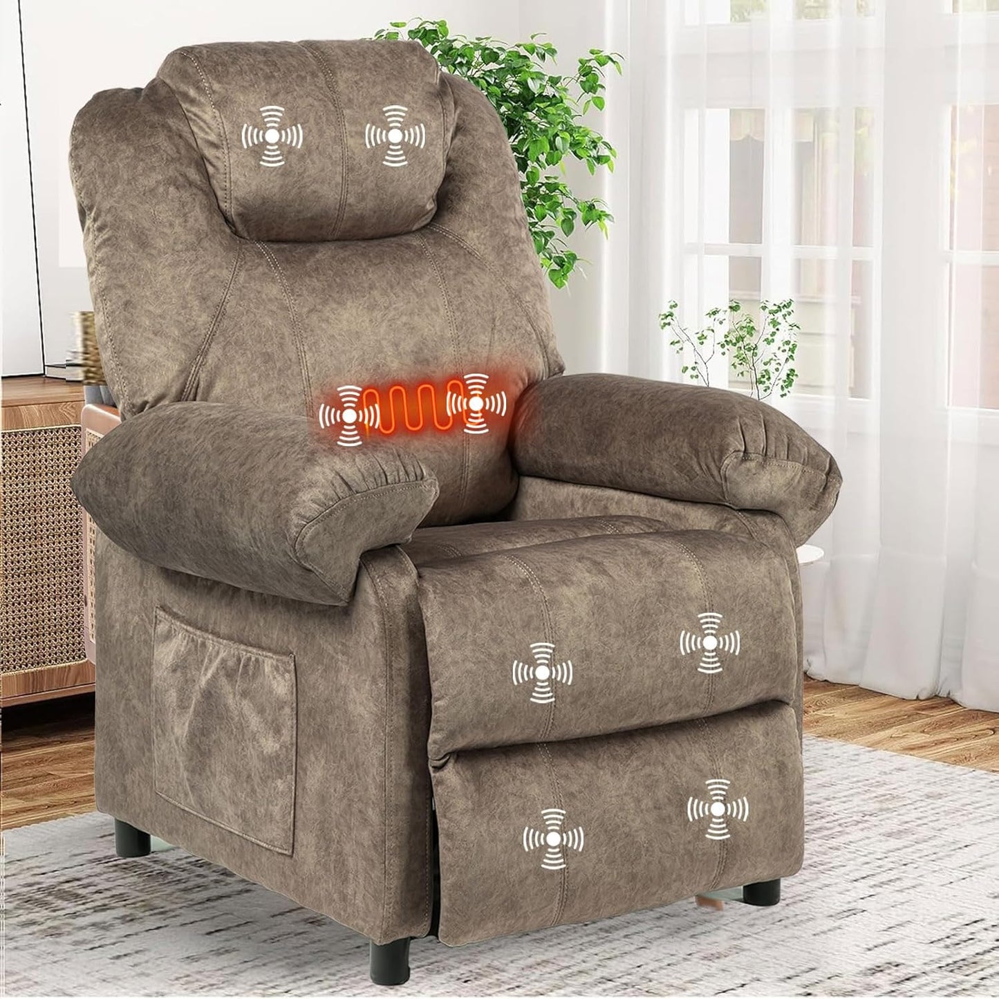 KCREAM Massage Recliner Chair with Heat,Overstuffed Fabric Recliner Chairs with Heating,Small Recliner for Living Room Bedroom, Manual Reclining Single Sofa Recliners Lounge Chair for Adult,Brown