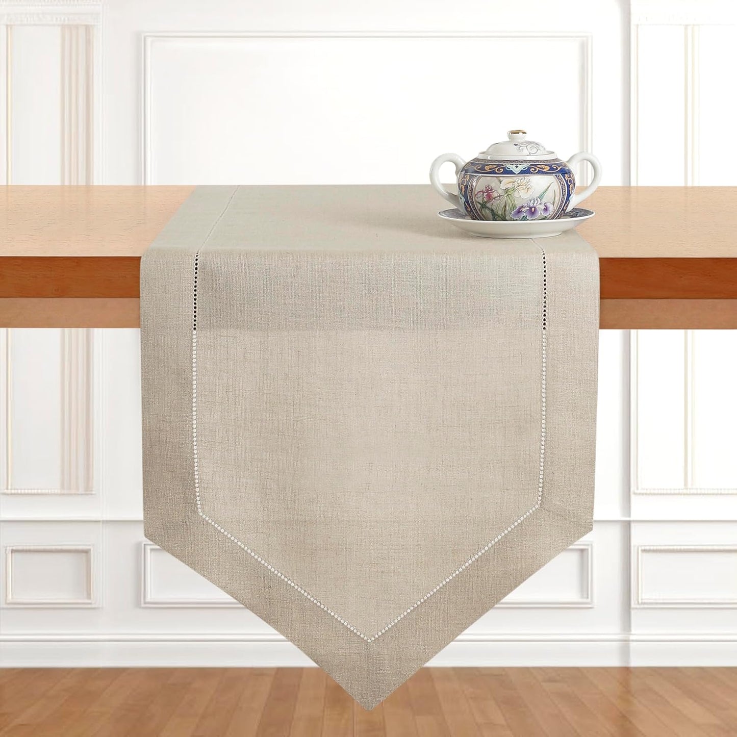 D'Moksha Homes Natural Linen Table Runner 108 Inches Long - 100% Pure Linen Diamond Table Runner 14 x 108 Inch for Dining, Fall and Halloween - Machine Washable