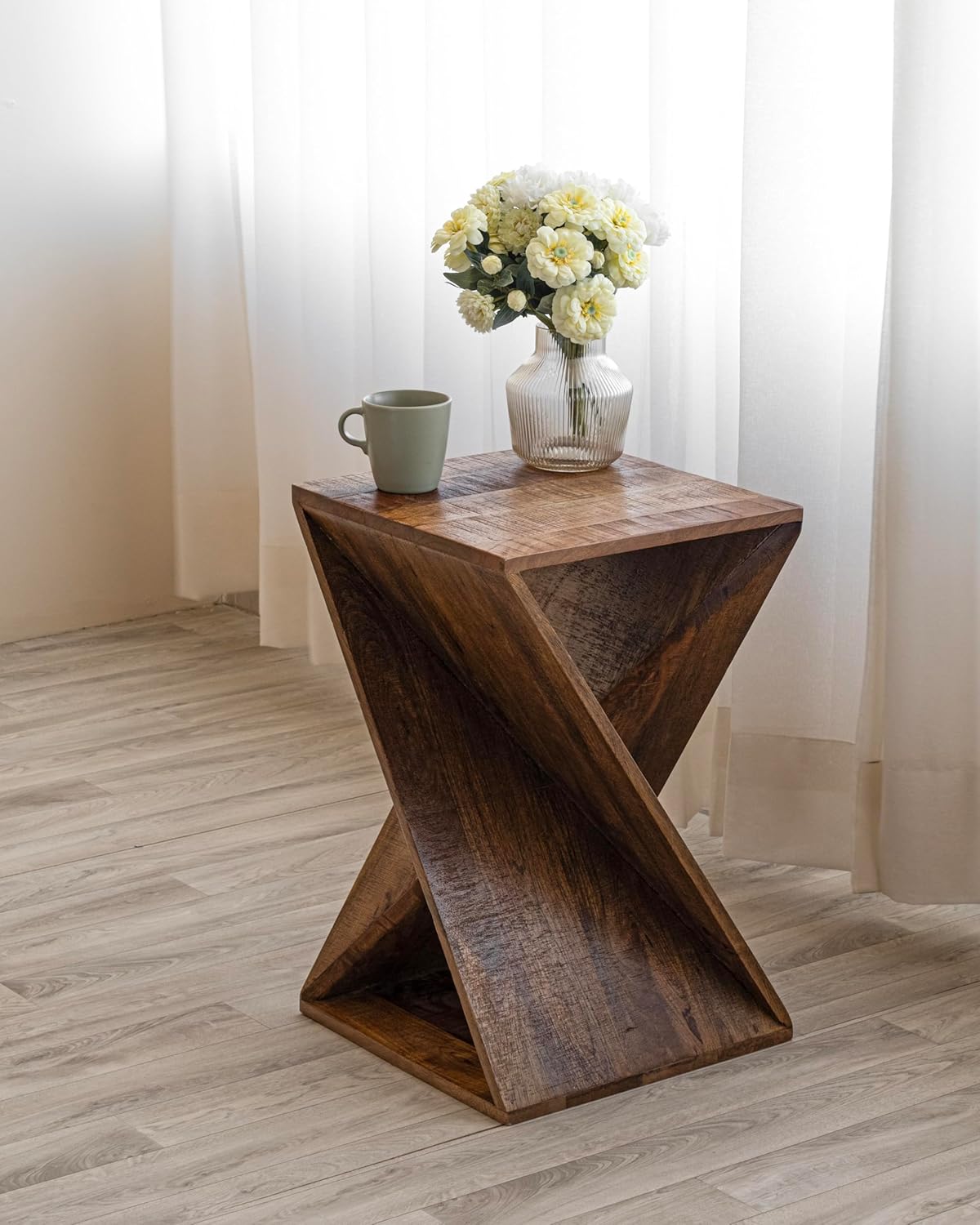Modern Hand Made One-of-a-Kind Carved Mango Wood End Table, Farmhouse Side Table,Farmhouse End Table,Living Room,Bedroom, Accent Table, Contemporary Architectural Designed Natural