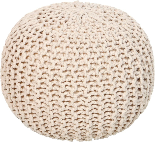 REDEARTH Round Pouf Ottoman - Cable Knitted Boho Poof - Home Décor Cord Pouffe Handmade Circular Footrest for Living Room - Bedroom - Kids Bedroom - 100% Cotton Pouf (18" x 18" x 14") - Ivory