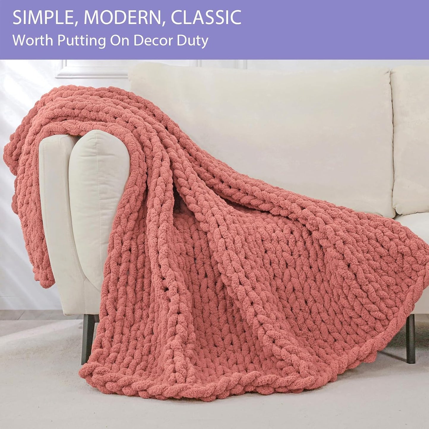 Bigacogo Chunky Knit Throw Blanket for Couch, 40x40 inches, 100% Hand Knitted with Thick Jumbo Chenille Yarn, Cozy Soft Large Rope Knot Cable Crochet Blankets for Sofa Bed Living Room, Antique Red