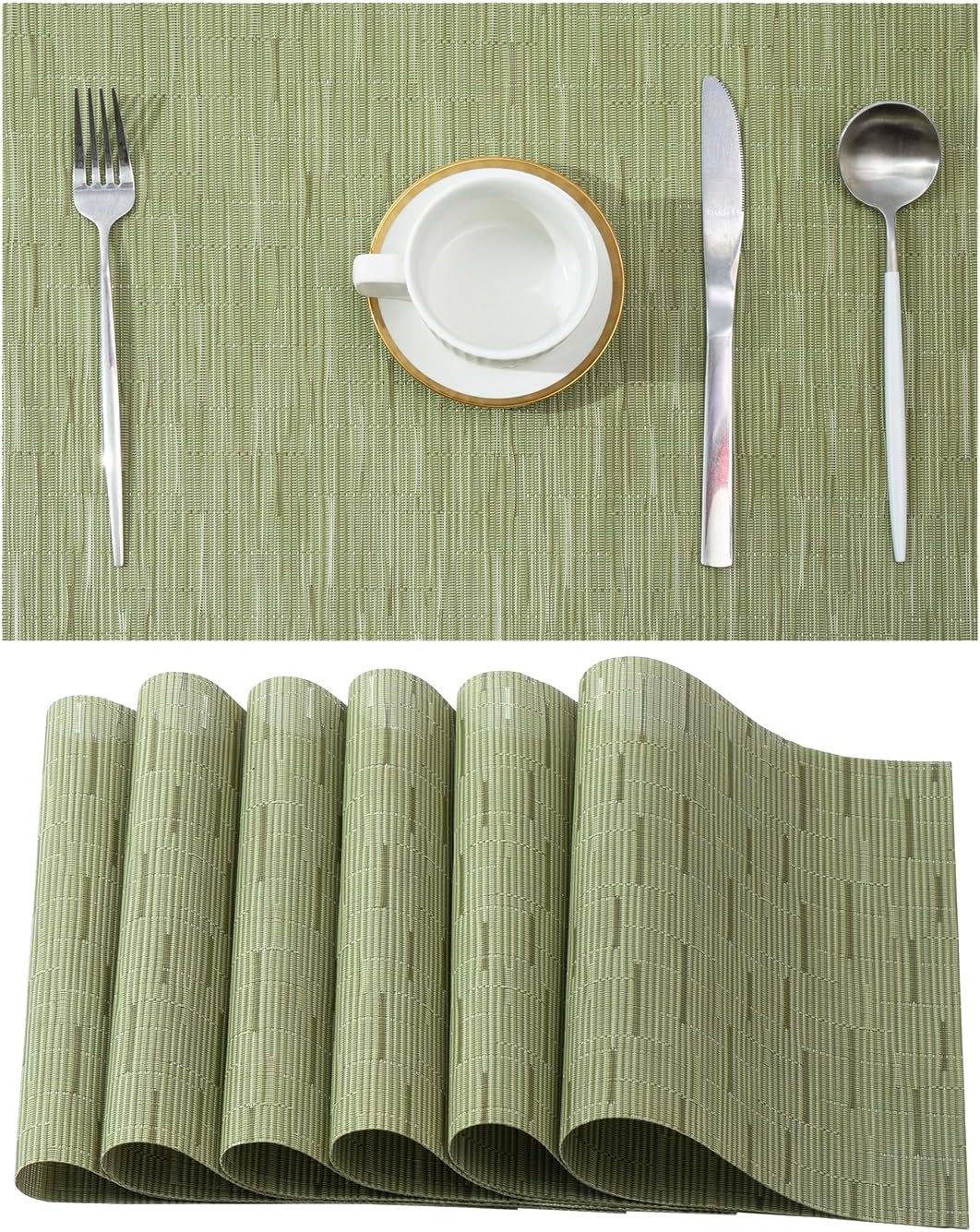 Leetaltree Pea Green Placemats Set of 6 - Heat Resistant Non-Slip Place mats for Dining Table, Washable Durable PVC Vinyl Woven Table Mats（Pea Green, 6）