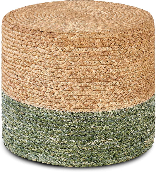 Wimarsbon 18'' Ottoman Pouf, Natural Braided Poof, Rustic Handweave Lounge Pouffe, Boho Footrest Stool for Bedroom, Accent Table for Living Room (Natural Water Hyacinth + Green Corn Husk)