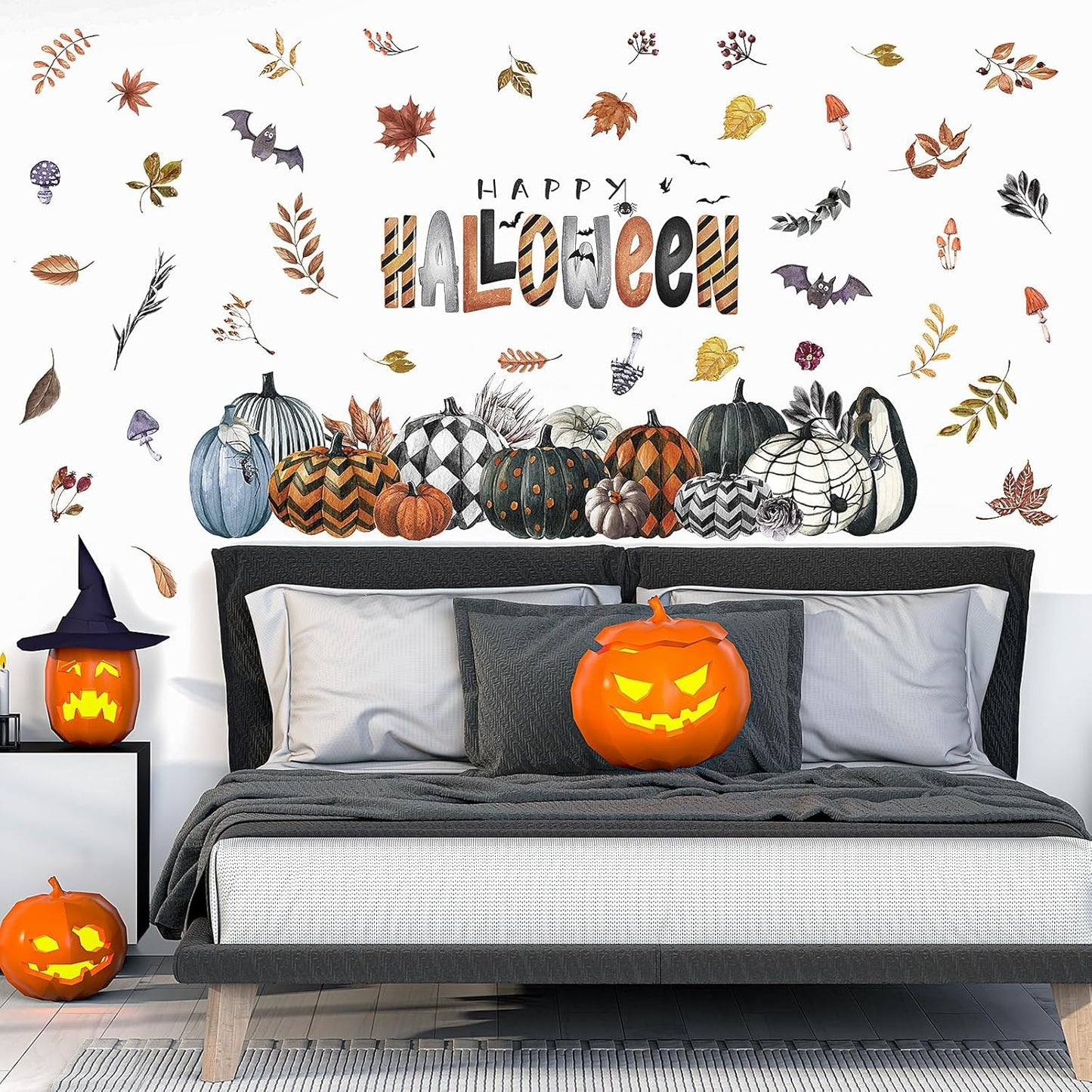 clothmile 40.15 x 38.58 Inch Happy Halloween Pumpkins Wall Decals Halloween Leaves Bat Spider Wall Stickers Halloween Removable Wall Sticker for Halloween Party Supplies Home Wall Decor