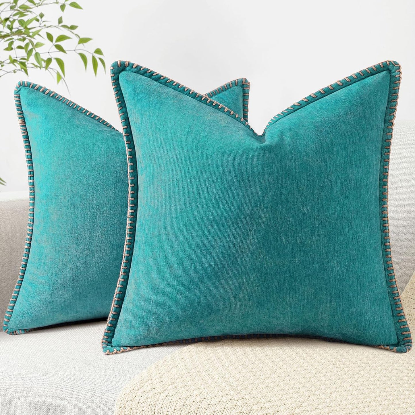 decorUhome Chenille Soft Throw Pillow Covers 22x22 Set of 2, Farmhouse Velvet Neutral Decorative Euro Pillow Covers with Stitched Edge for Couch Sofa Bed Home Decor, Turquoise
