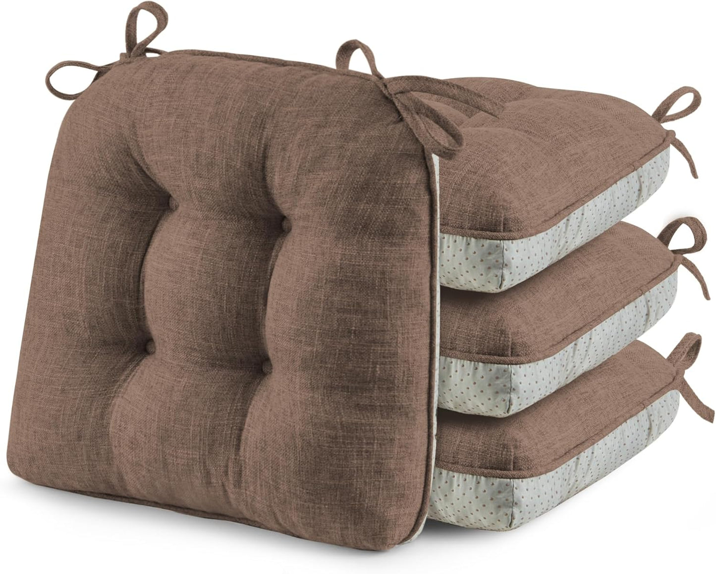 puredown® Chair Cushions for Dining Chairs, Tufted Memory Foam Chair Pads with Non-Slip Backing, Kitchen Seat Cushions with Ties, Washable Seat Pad Set of 4, 15.5" x 15.5" x 4", Coffee