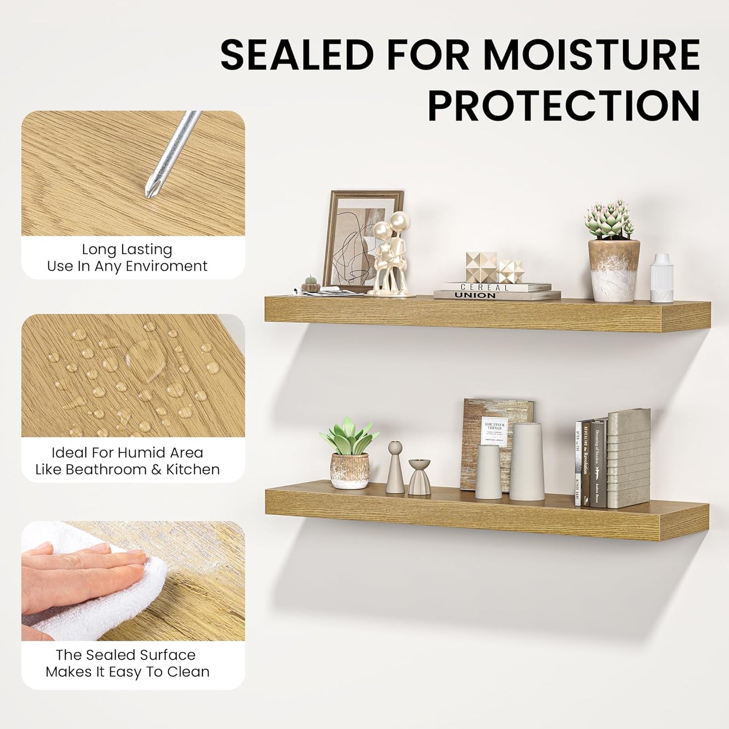 Floating Shelves for Wall, 55"W x 9.3"D x 1.5"H, Long Wooden Wall Mounted Display Shelves with Invisible Brackets for Living Room, Bedroom, Bathroom, Kitchen Decor and Storage, Set of 1, Oak