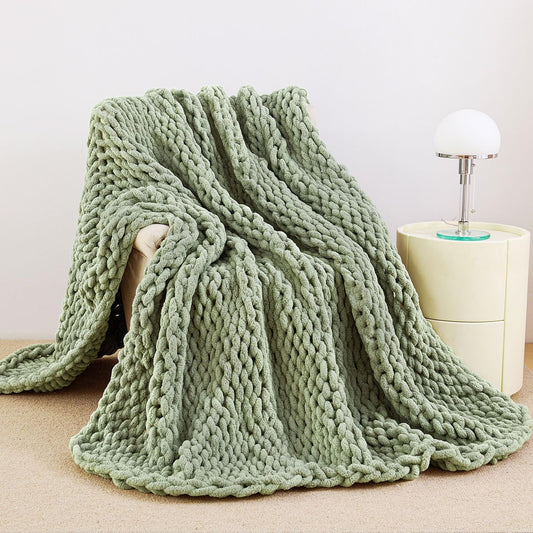 Admitrack Chunky Knit Blanket Throw, 100% Hand Knit Chenille Throw Blanket for Sofa & Home Decor, Soft and Cozy Knitted Throw Blankets (Sage Green, 60""x80""), XNR010