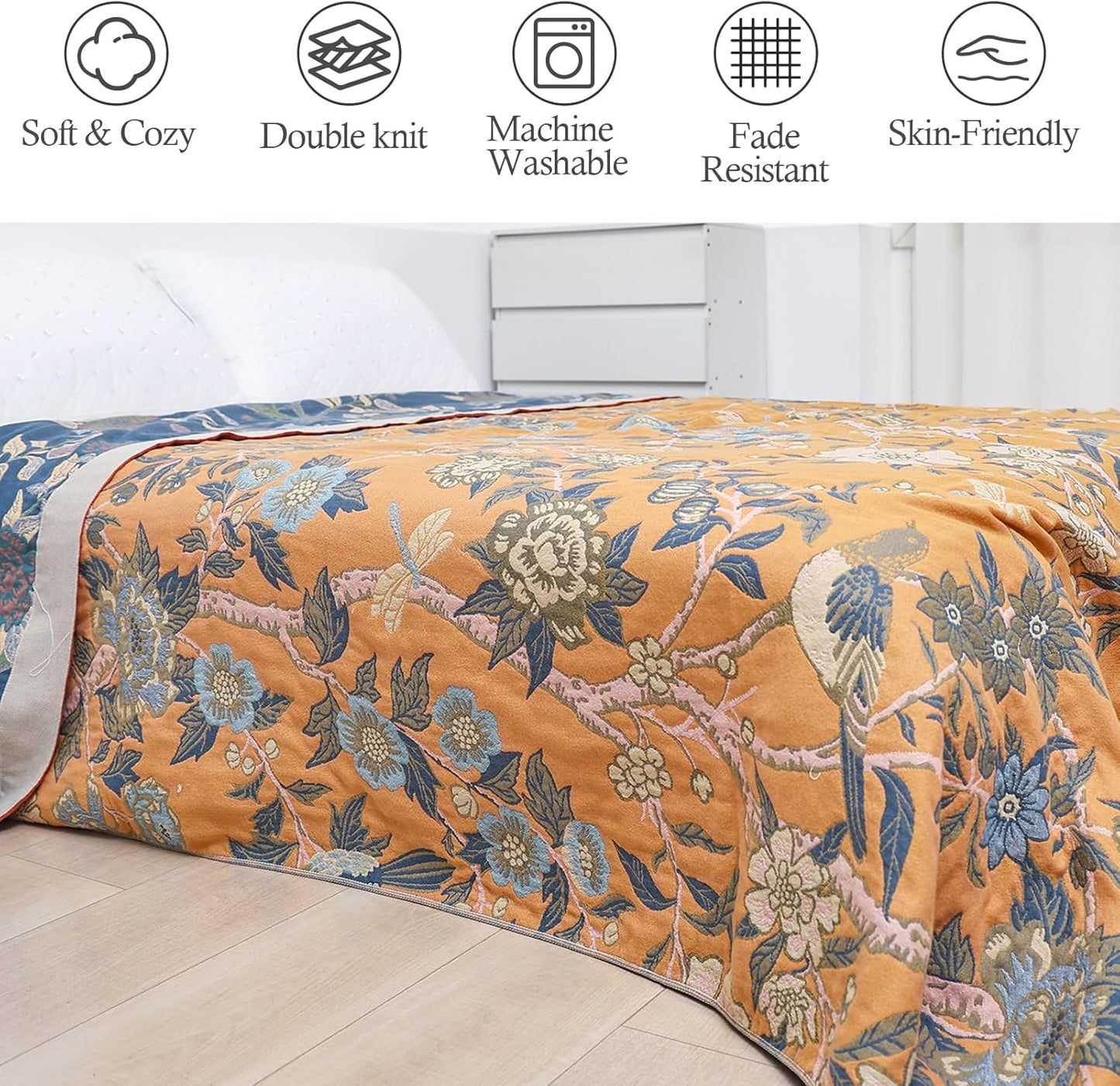 Snycler Boho Throw Blanket for Bed - 100% Cotton Ultra Soft Rustic Quilt Blanket Orange Bird Floral Printed Farmhouse Decor Bed Blankets, 60"×80" All Season Rustic Throw for Sofa Couch Chair