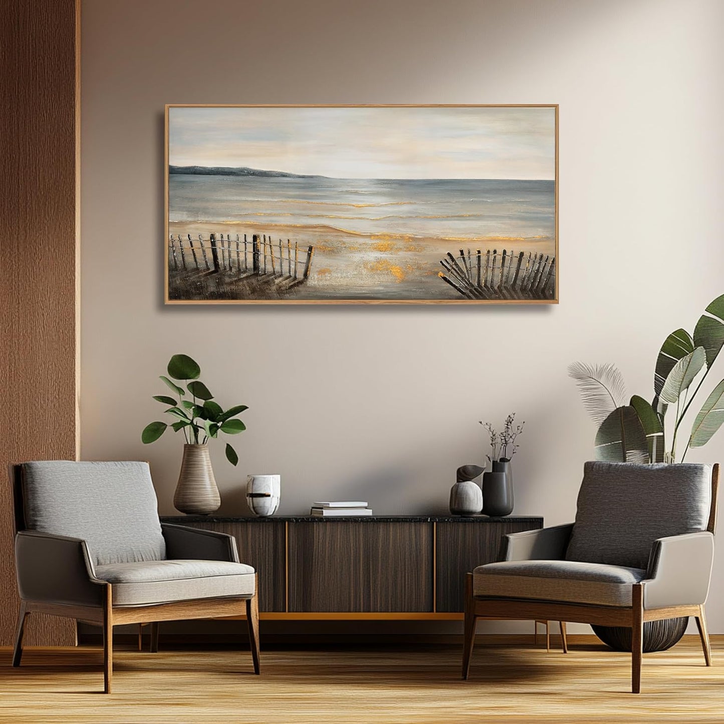 Yuaxker Ocean Wall Art Grey and Black Wall Decor Framed Canvas Painting Beach Aesthetic Artwork for Living Room Bedroom Dining Room Office Home Decor 24x48 Inch