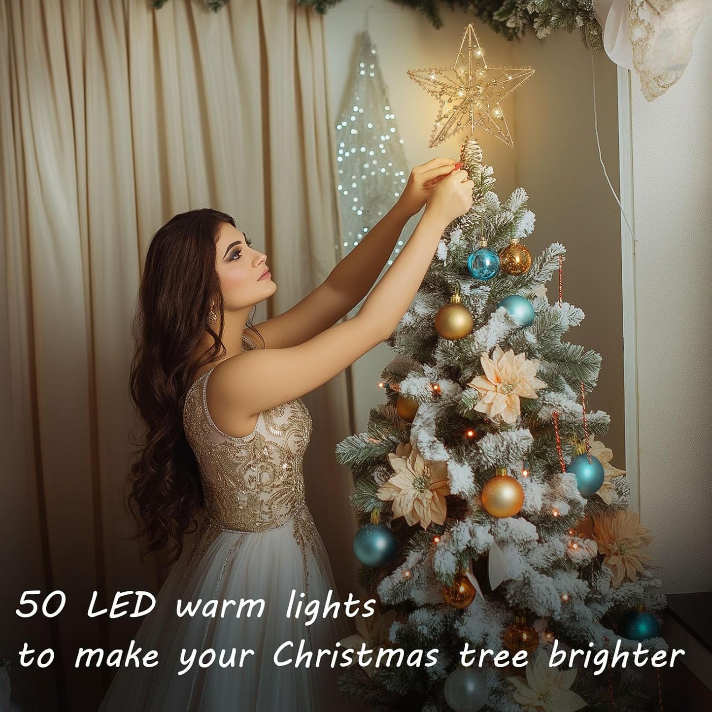 Christmas Tree Topper Star, Gold Star Tree Toppper with 50 Warm LED Lights Glittered Pearl Beads and 8 Lighting Modes Timer for Christmas Tree Decorations and Xmas Holiday Seasonal Decor