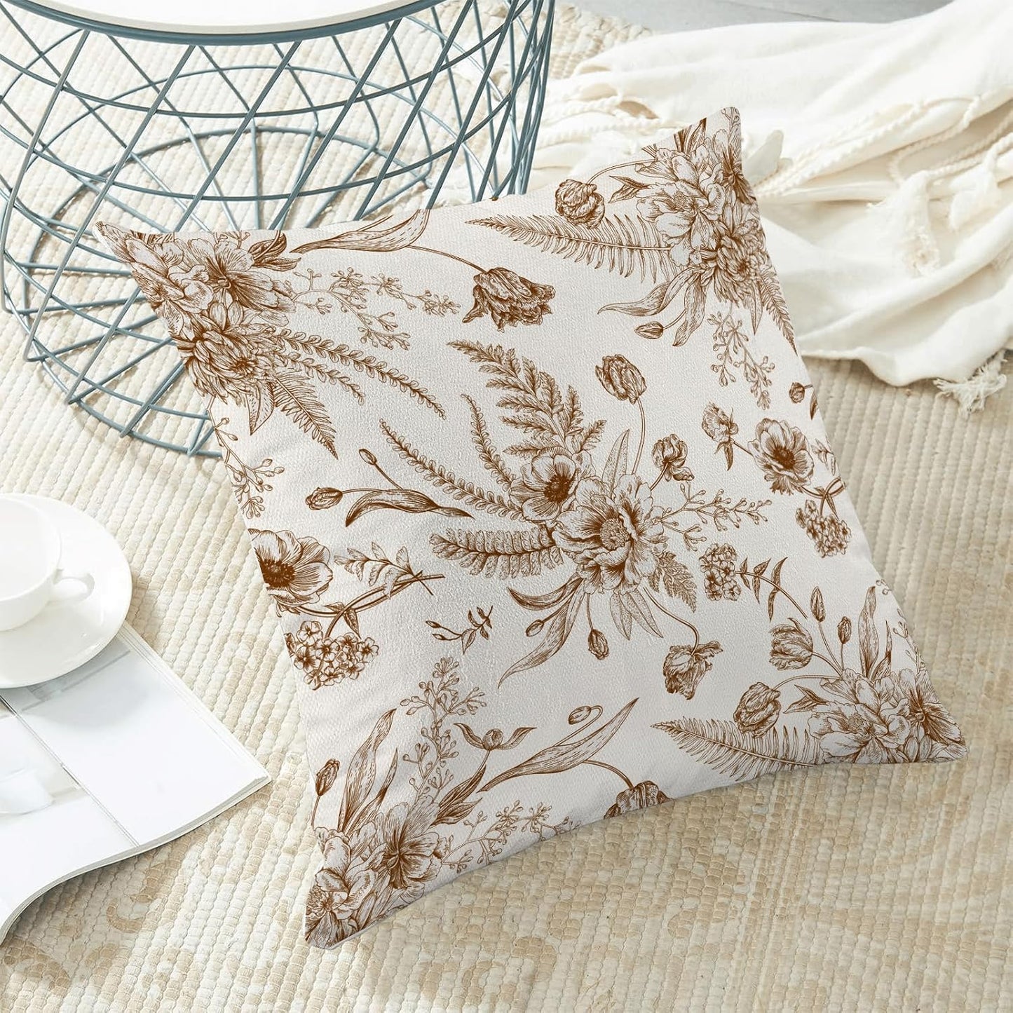 CXMEIFLY Spring Floral Leaves Pillow Covers 24 x 24 Inch Set of 2 for Chinoiserie Flowers Decor Throw Pillows Brown and White Seasonal Plant Outdoor Decorative Cushion Cases for Couch Bed Decorations
