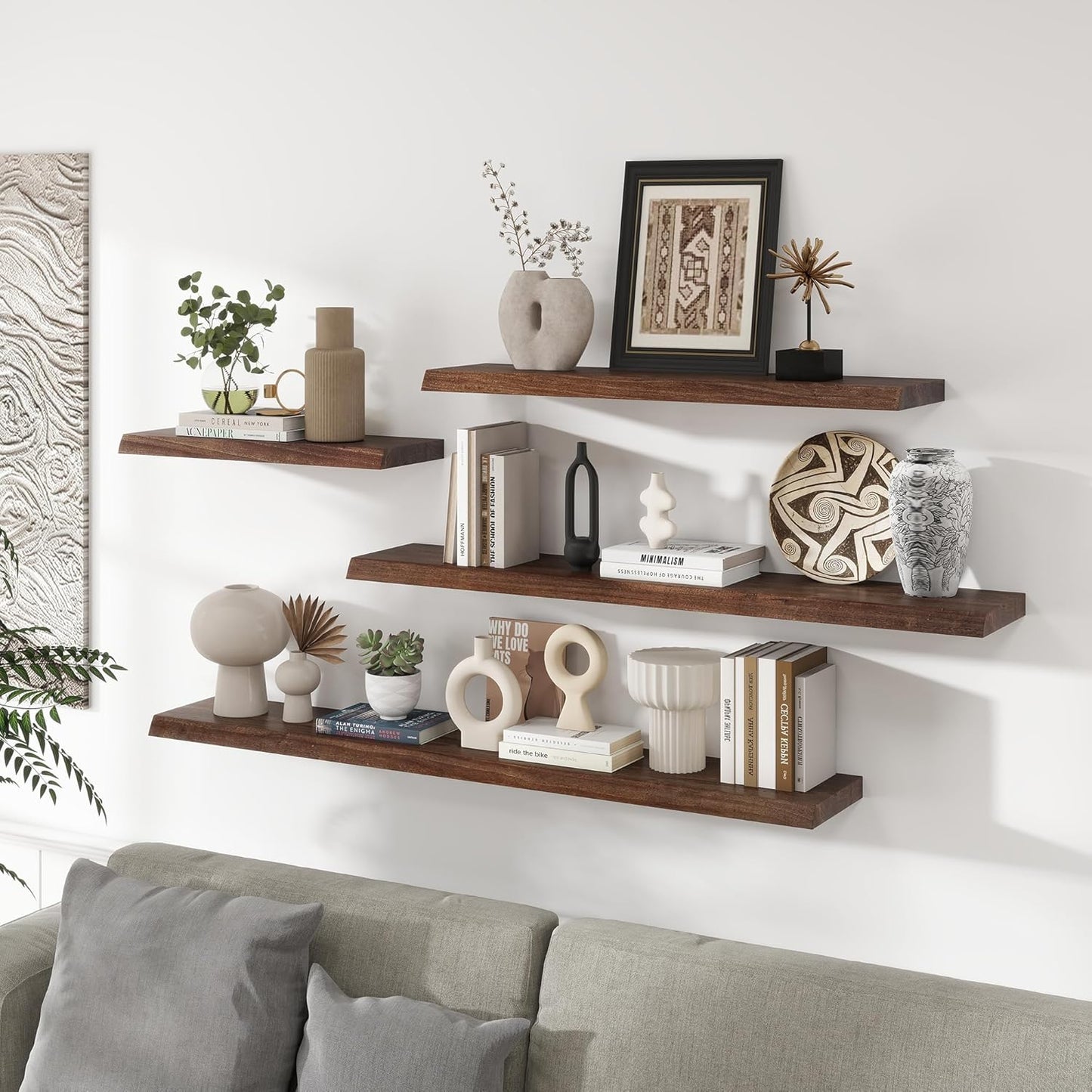 RICHFOCUS Live Edge Elm Floating Shelves - 48" W x 9.3" D Rustic Solid Wood Wall Shelves with Invisible Bracket, Wall-Mounted for Living Room, Bedroom, Kitchen Storage & Display, Set of 1, Walnut