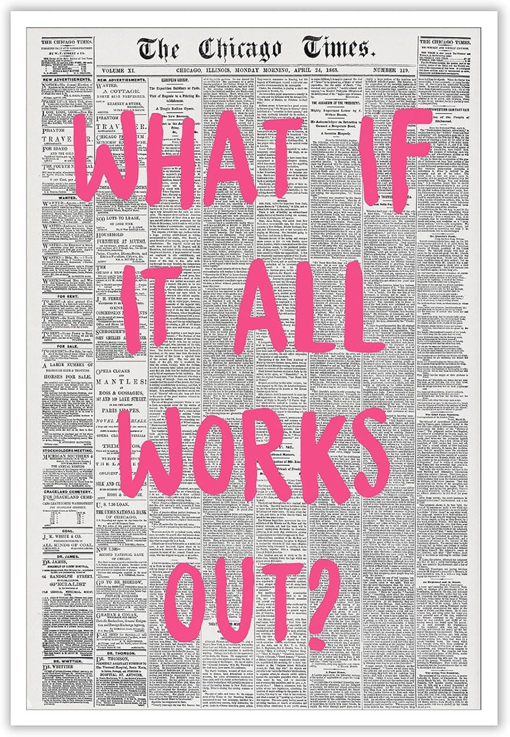Liyark Retro Trendy Newspaper Canvas Wall Art - 'What If All Works Out' Positive Affirmation Quote - Pink Font - Minimalist Home Decor - 12x16in Unframed
