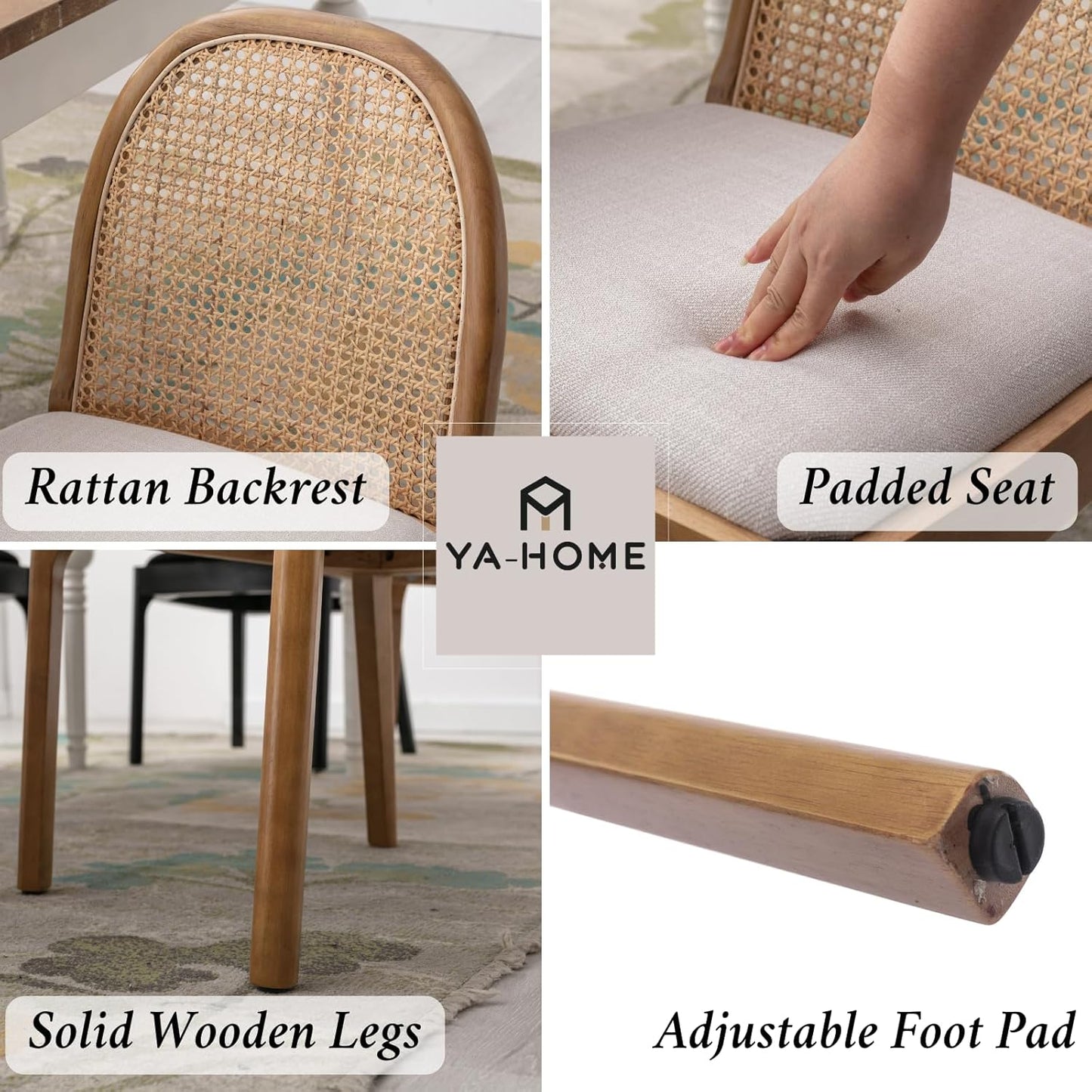 Mid Century Dining Chairs Set of 2, Accent Rattan Linen Fabric Side Chairs Kitchen Chair with Solid Wooden Legs for Living Room Dining Room, Beige