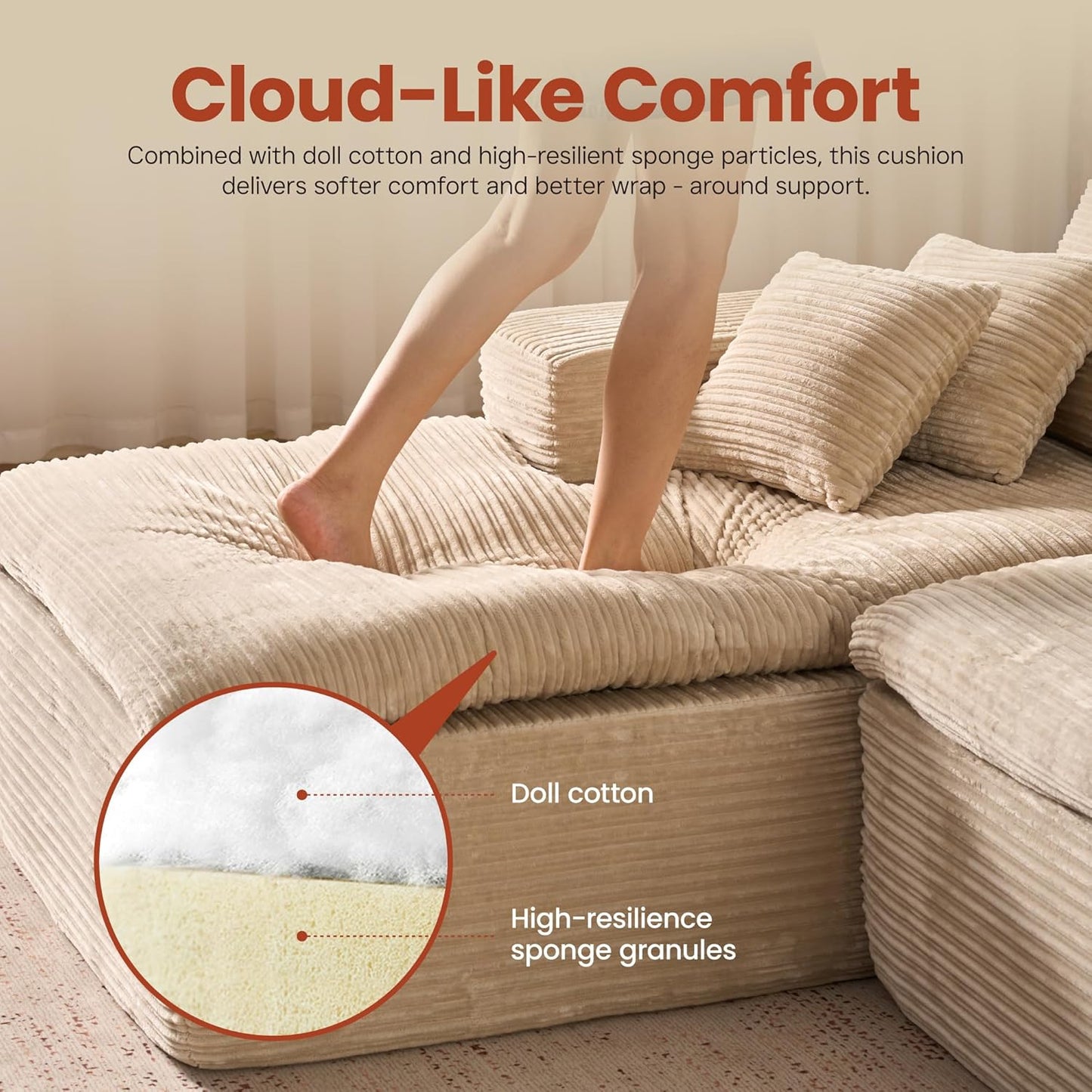 ovios 105” Modular Sectional Sofa with Thicken Seat Cushion, Cloud Couch with Deep Seat, Modern L-Shape Sofas Couches with Chaise,Upholstered Couches for Living Room Bedroom,Camel