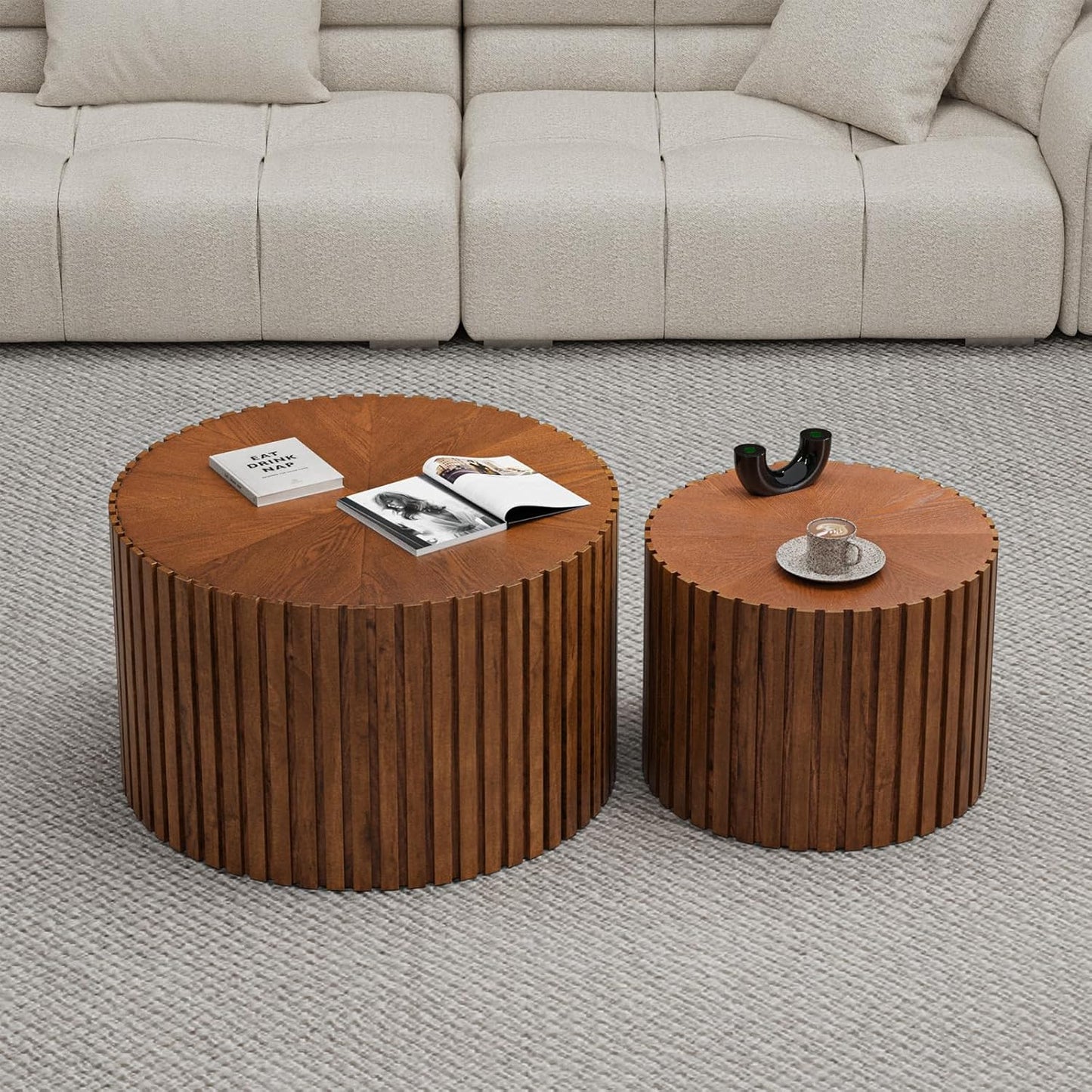 Round Nesting Coffee Table Set of 2 Handcraft Circle Fluted Nesting Coffee Tables Circular Side Table Drum Accent End Tables for Living Room Bedroom (Brown Large)