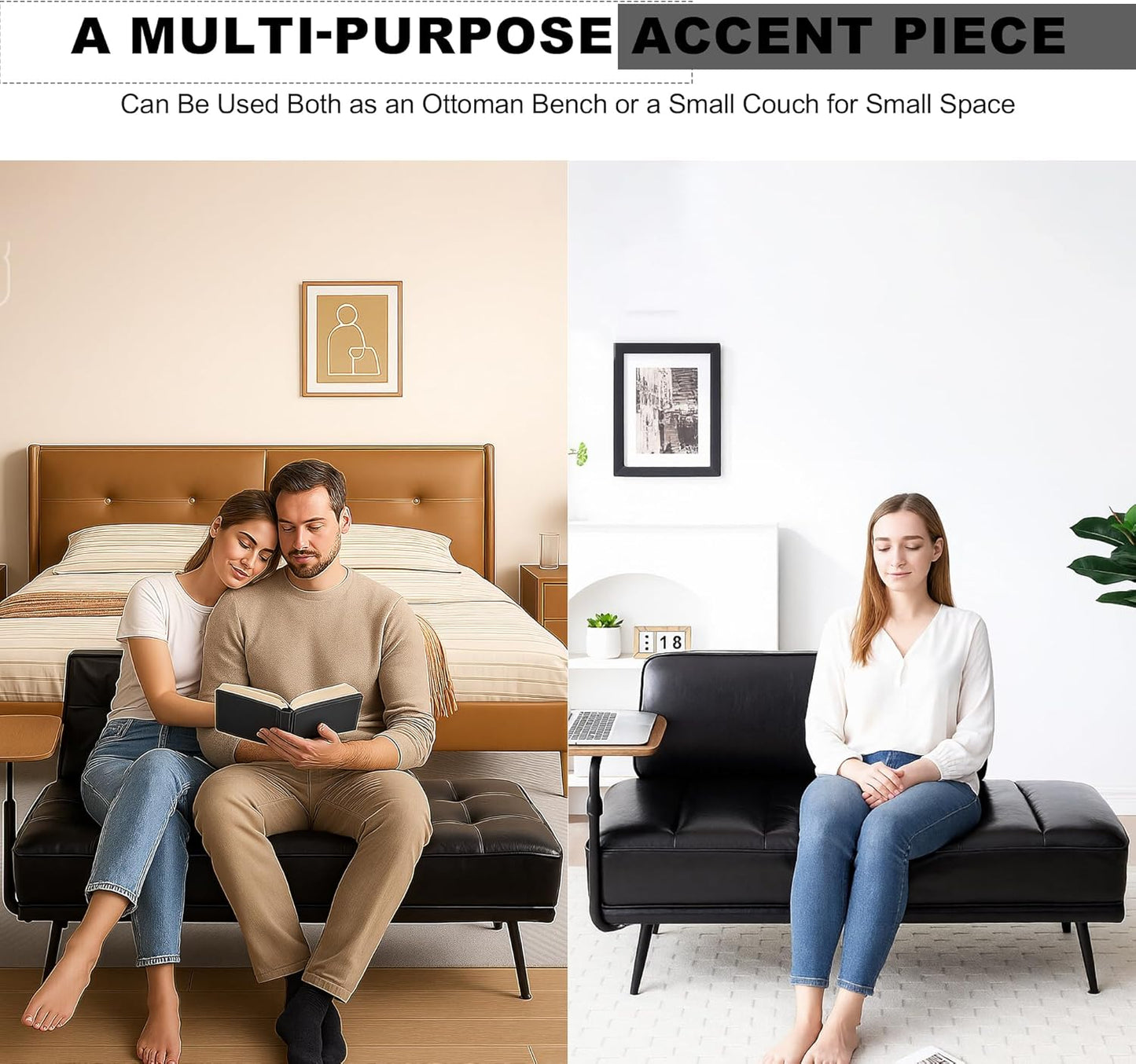 Sofa,Bed Bench,Small Spaces Furniture,Polyurethane Leather,Wood Frame,High Density Sponge Infillings,360-Degree Swivel Tray,Black Metal Leg (Black)