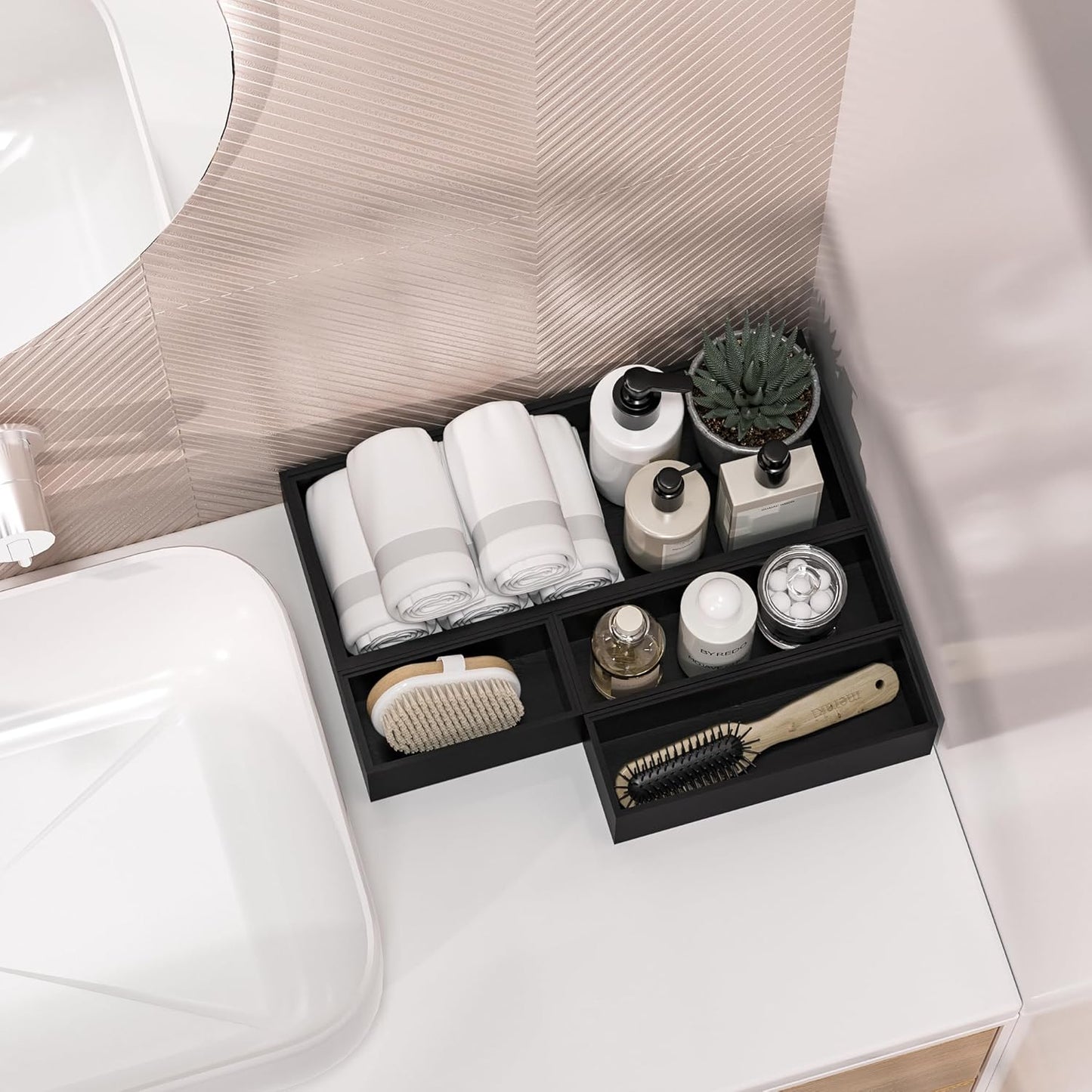 Kitchen Drawer Organizer Bins, Black Bamboo Drawer Organizer Stackable for Silverware, Utensils, Cutlery, Flatware, for Junk Drawer, Dresser, Bathroom, 6" x 3" x 2.5" (Set of 2)