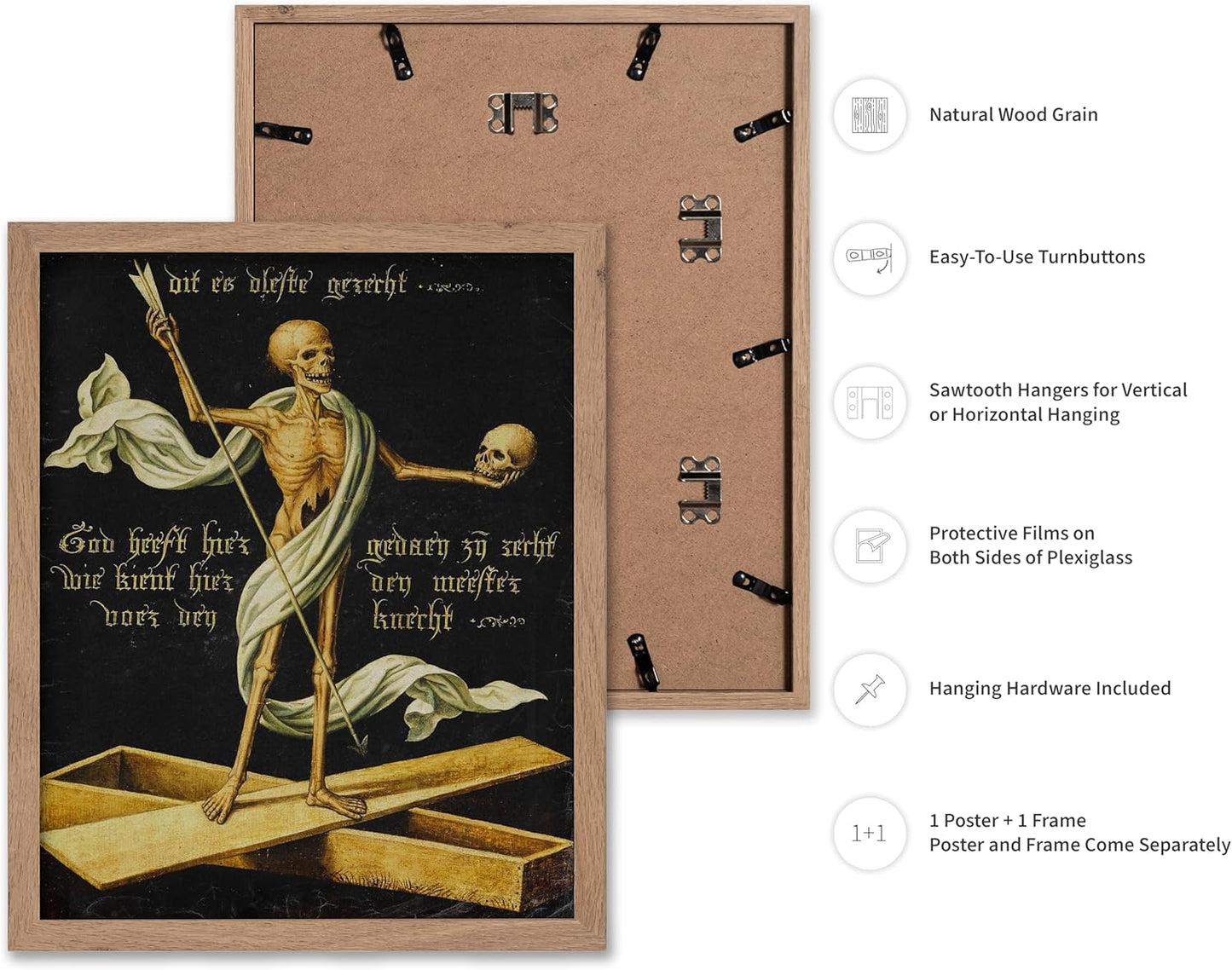 Poster Master Vintage Medieval Poster - Retro Gothic Print - Gift for Artist, Friend - Allegory of Life and Death, Skeleton, Dark, Skull - Wall Decor for Home, Living Room, 8x10 Beige Framed