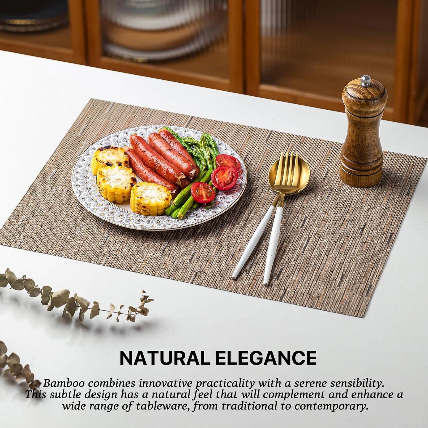 LEXMORE Placemats Set of 6 Vinyl/Plastic Woven Place Mats for Kitchen Table Indoor/Outdoor Washable Placemat Wipeable Dining Table Mats(Light Brown)