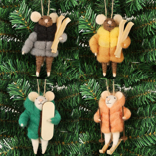 Set of 4 Christmas Felt Skiing Mice Ornaments, 4.7" Mini Winter Hanging Wool Mouse Figurines, Tiered Tray Tabletop Decor, Animal Crafts Xmas Tree Holiday Easter Gifts Home Office Party Supply