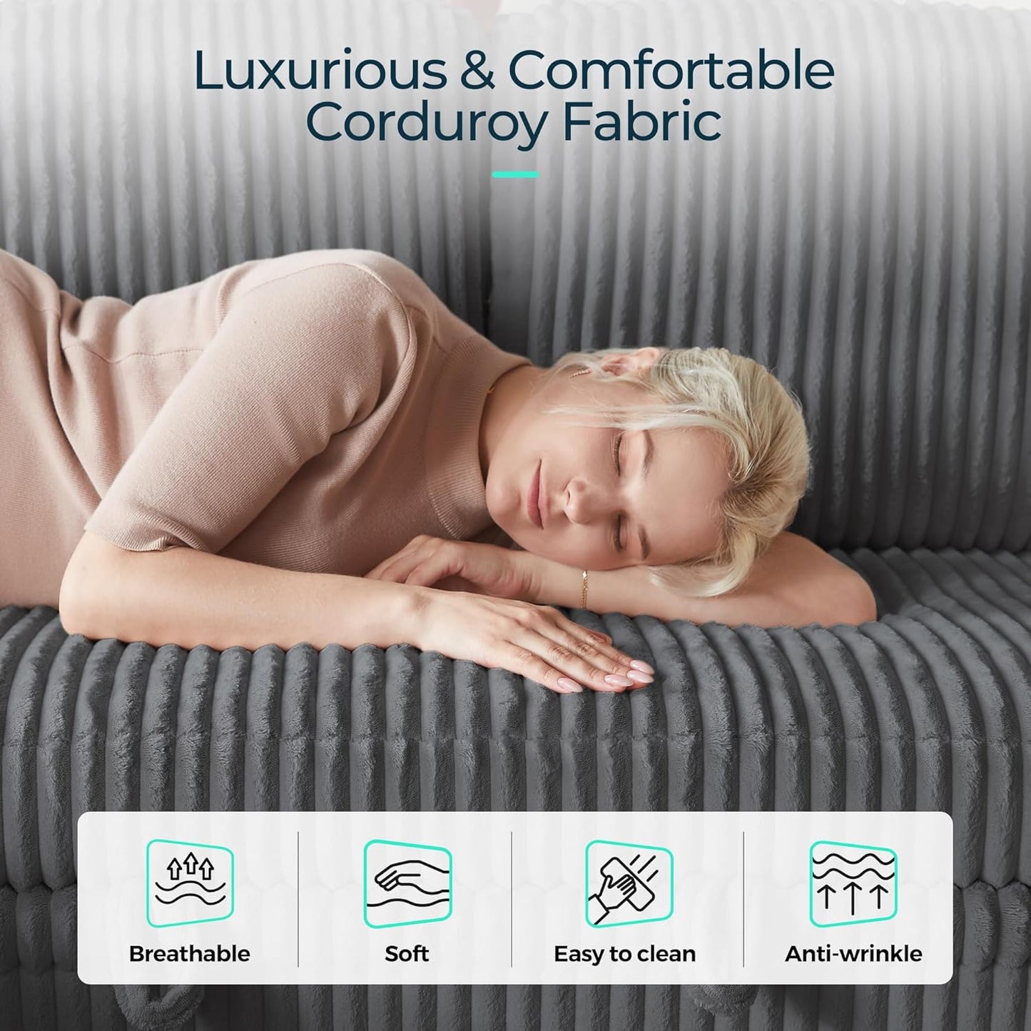 LINSY HOME Sectional Sleeper Sofa with Pull Out Couch Bed Convertible Plush Corduroy Cloud Couch with Storage Chaise & USB Charging, Comfy L Shaped Modular Couches for Living Room Apartment (Grey)