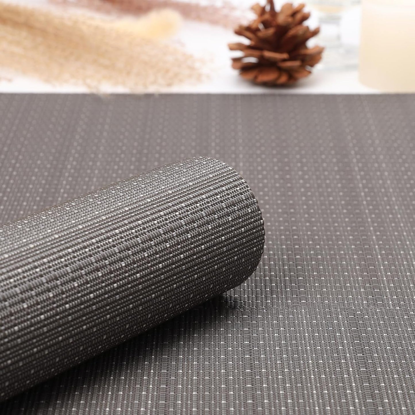 Myir JUN Placemats Set of 6, Vinyl Woven Placemats Place Mats Indoor Washable Table Mats Non-Slip Place mats for Dining Table (Dark Gray, Set of 6)