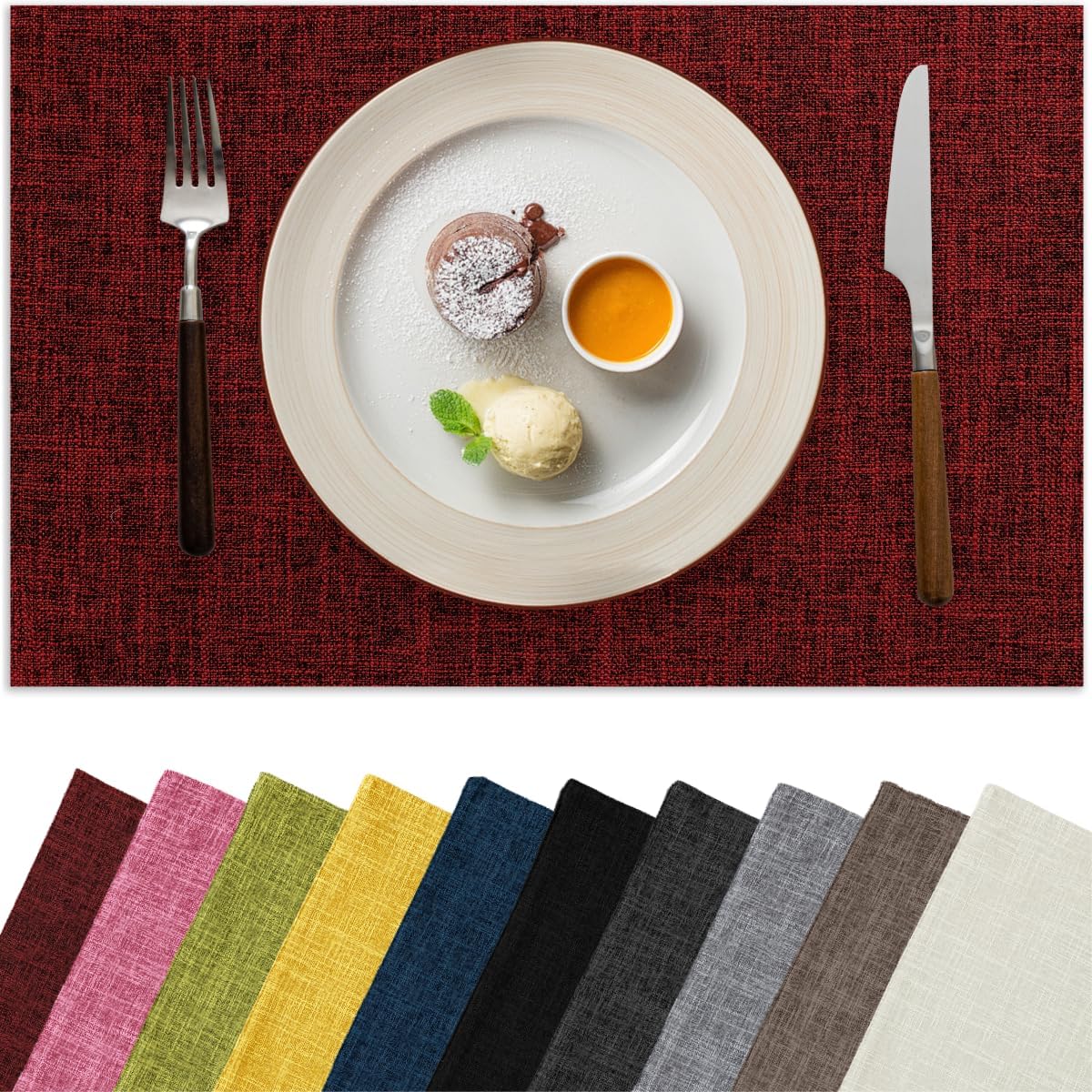 Christmas Placemats Set of 6, Bilayer Thickened Linen Place Mats Heat Resistant Machine Washable Wrinkle Free Carefully Selected Polyester Mats for Kitchen/Dining/Coffee Table (Deep Red)