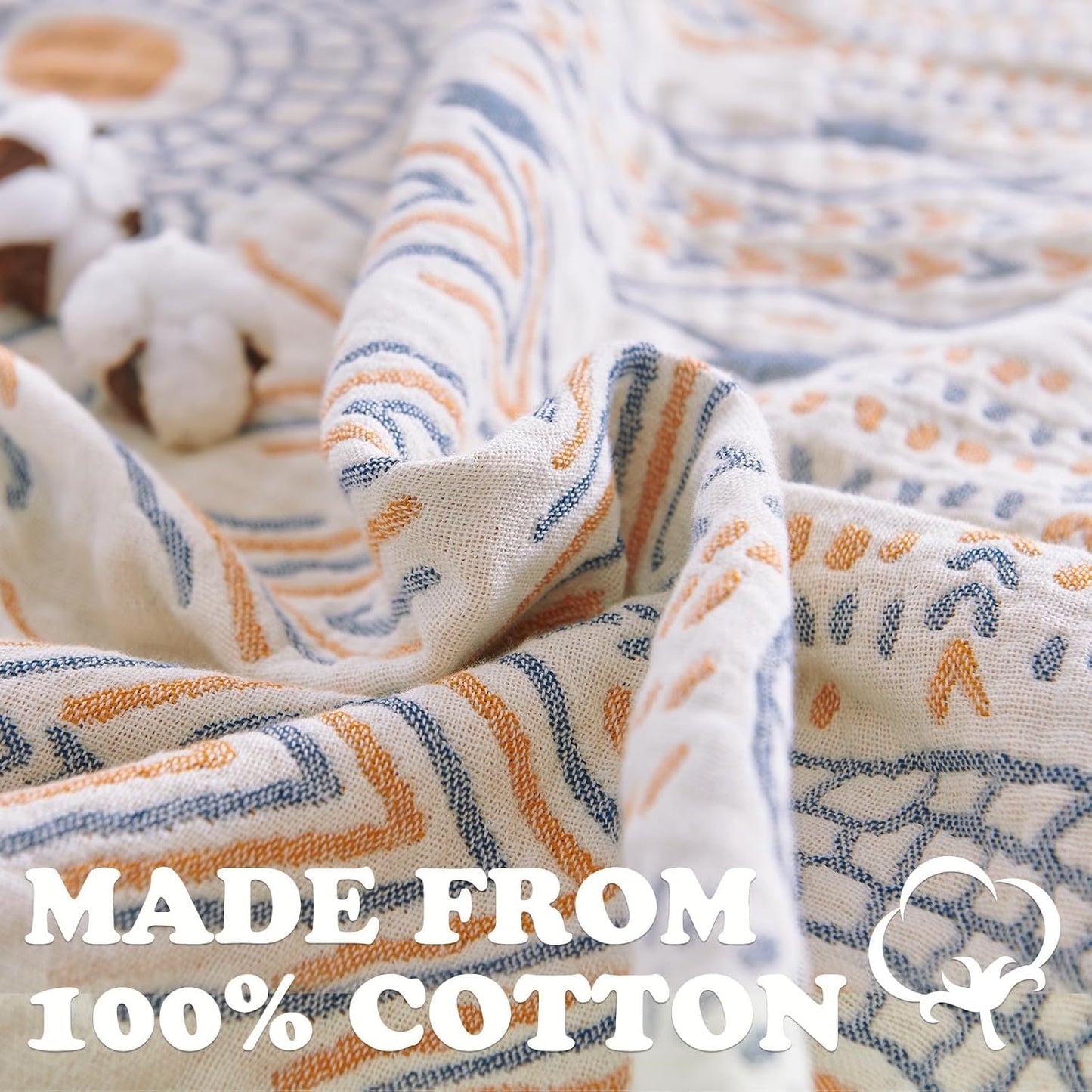 jinchan Boho 100% Cotton Muslin Queen Size 80x90 Throw Blanket Lightweight 4-Layer Orange Reversible Blanket Washable Breathable Geometric Striped Pattern Soft Comfy for Couch Bed Decor All Seasons