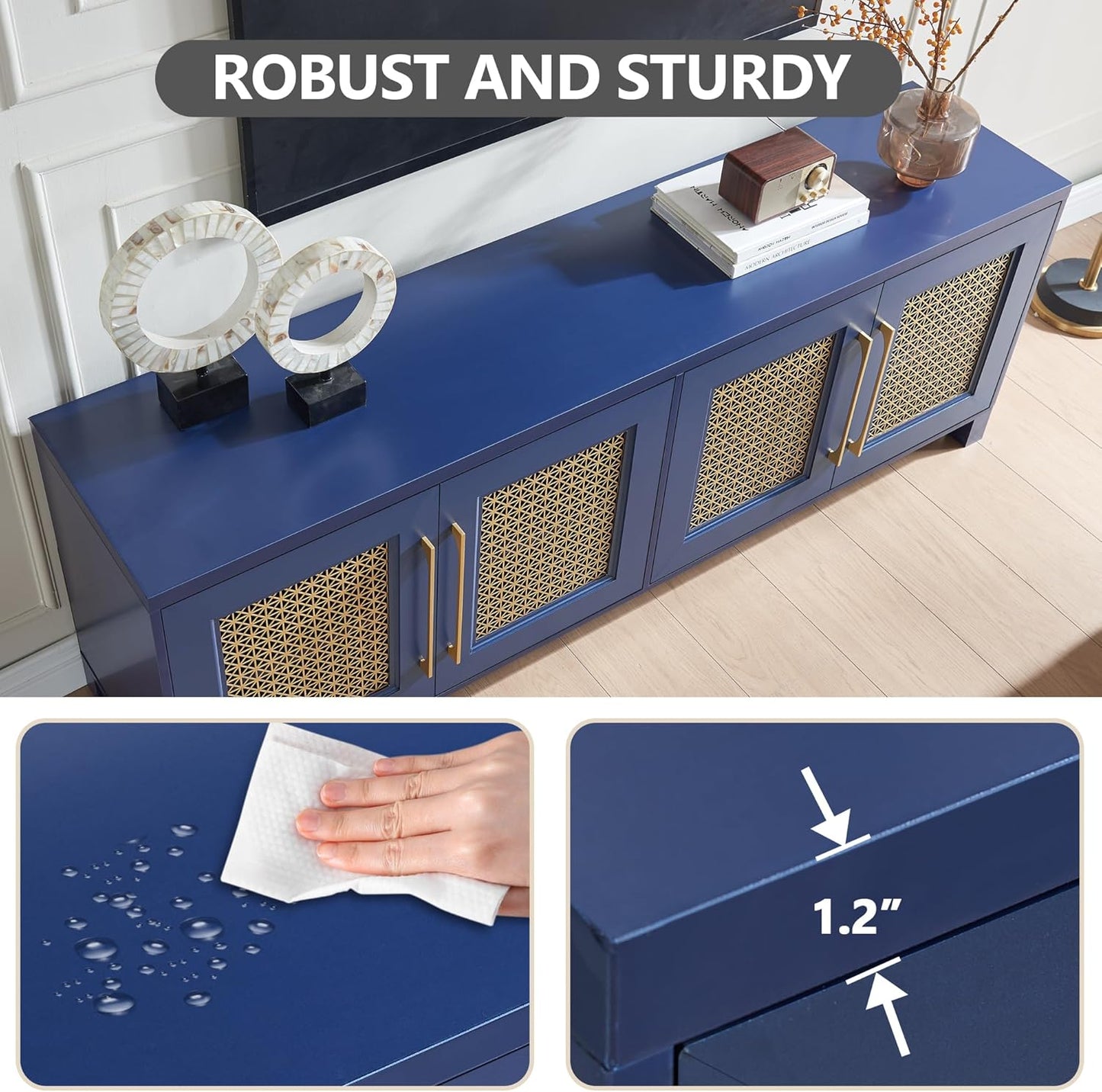 JYED Mid Century Modern TV Stand for TVs up to 75", 69.5" W Blue Entertainment Center with 4 Gold Metal Mesh Doors - Wood Grain MDF TV Console, Media Storage