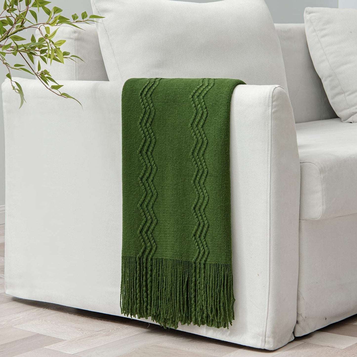 MIULEE Olive Green Knitted Throw Blanket for Couch Boho Textured Cozy Woven Blanket with Tassels for Sofa Chair Bed Living Room Spring Acrylic Wave Pattern 50"x60"