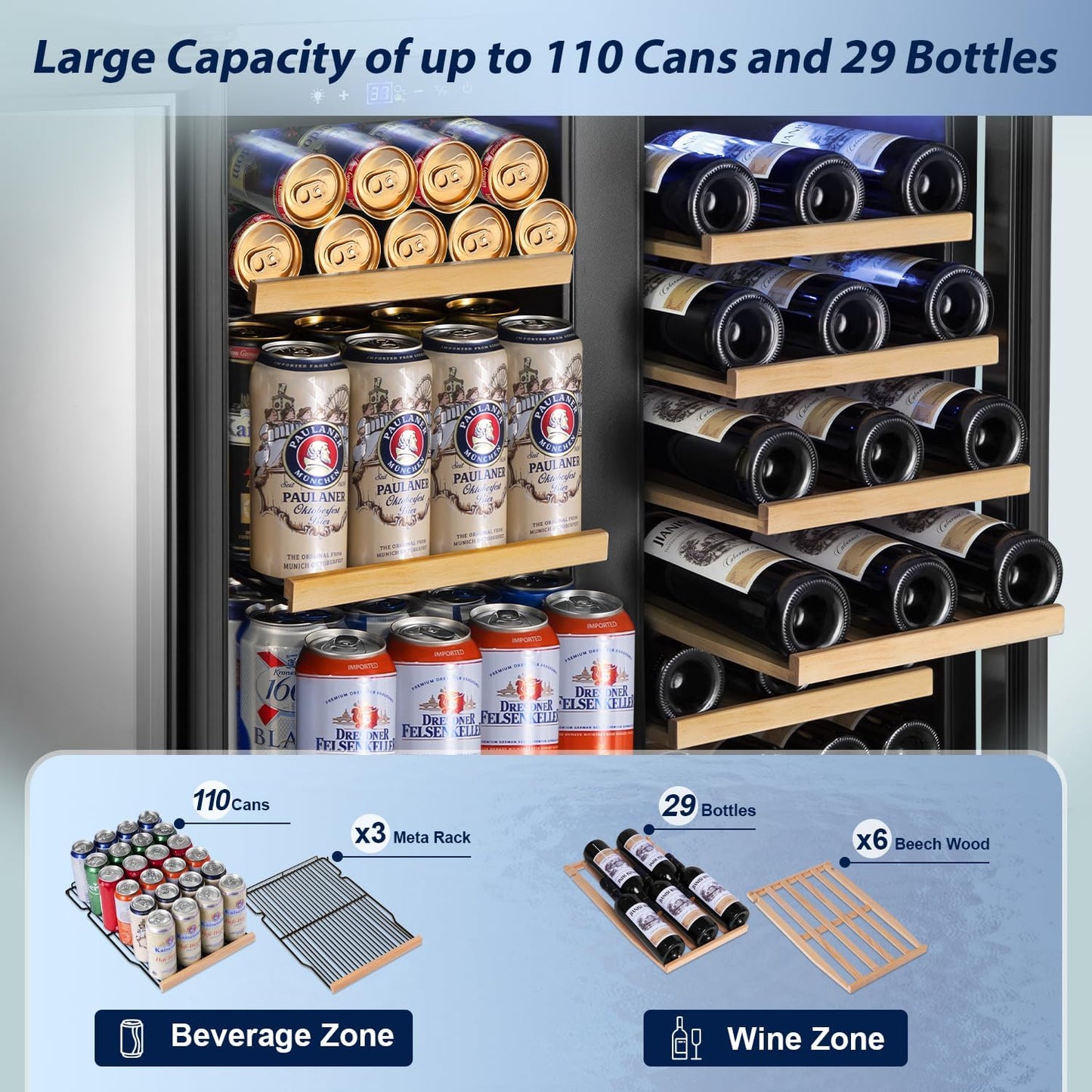 Tylza 30 Inch Wine and Beverage Refrigerator, Dual Zone Wine Beverage Cooler 30" with French Door, Under Counter Wine Beer Fridge Built-In or Freestanding, Holds 29 Bottles and 110 Cans, Black