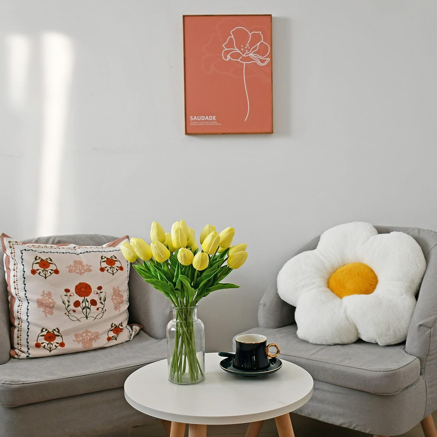 Mandy's Artificial Tulips 20 Stems Light Yellow PU Faux Flowers for Wedding Home Decor 13.5 Inch