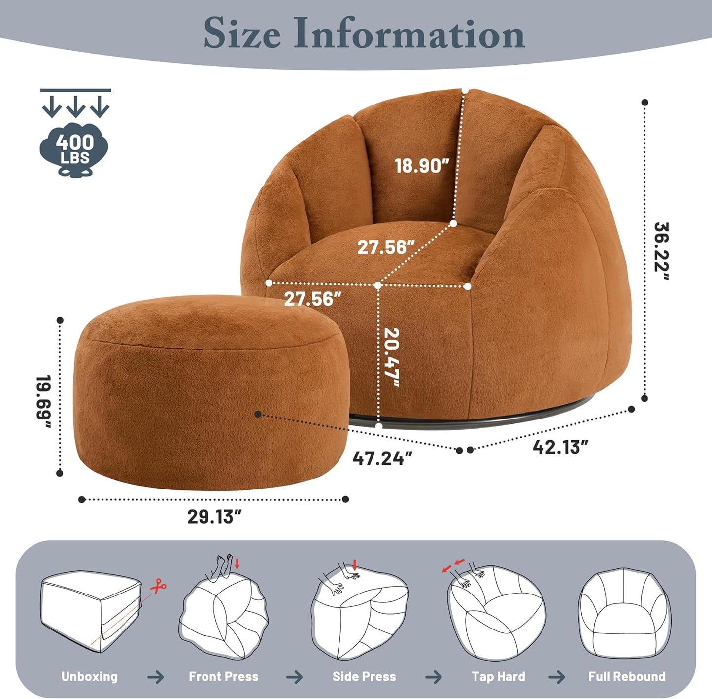 Giant Bean Bag Swivel Chair for Adults - Comfy Plush Round Shell Soft Accent Chaise Lounge Indoor Chair, Oversized Cozy Floor Sofa for Living Room, Bedroom & Game Rooms, Orange