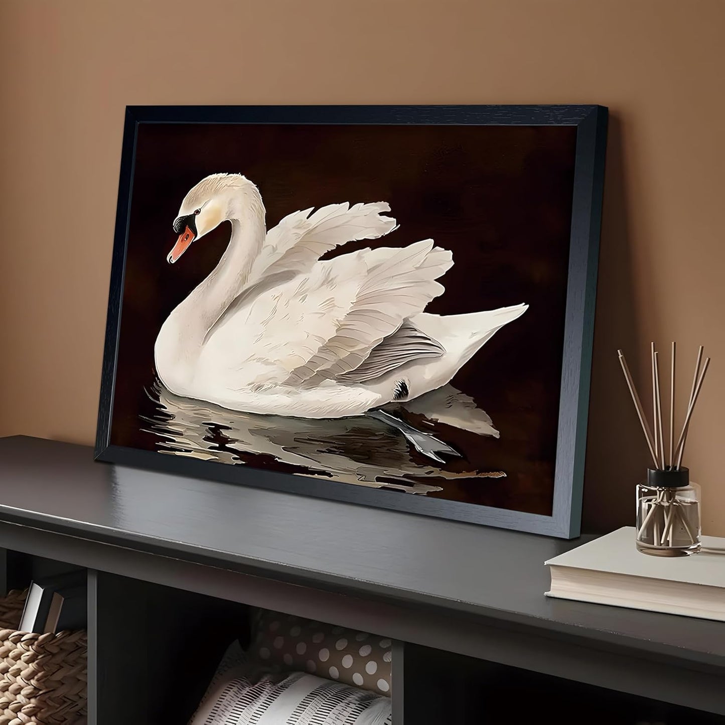 Black Wood Framed Wall Art Canvas Print Home Decor, Vintage Swan Aesthetic Wall Decor Photo, Classical Grace Swan Bathroom Prints Painting for Living Room Bedroom Office Decor 12x16 Inch