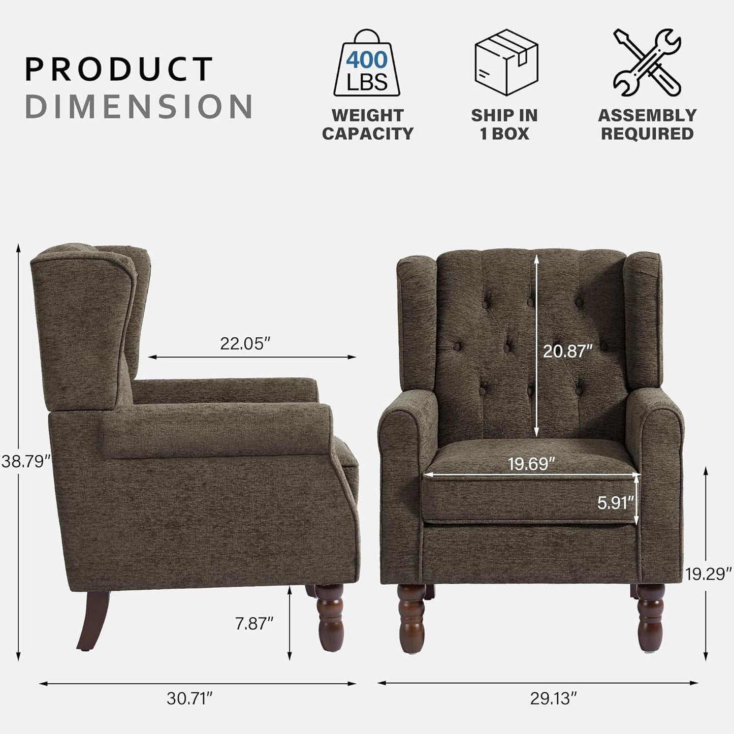 Lumibee High Back Accent Chair Set of 2,Upholstered Wingback Armchair with Solid Wood Legs for Small Spaces,Comfy Single Sofa Chair for Living Room,Bedroom,Office-Taupe