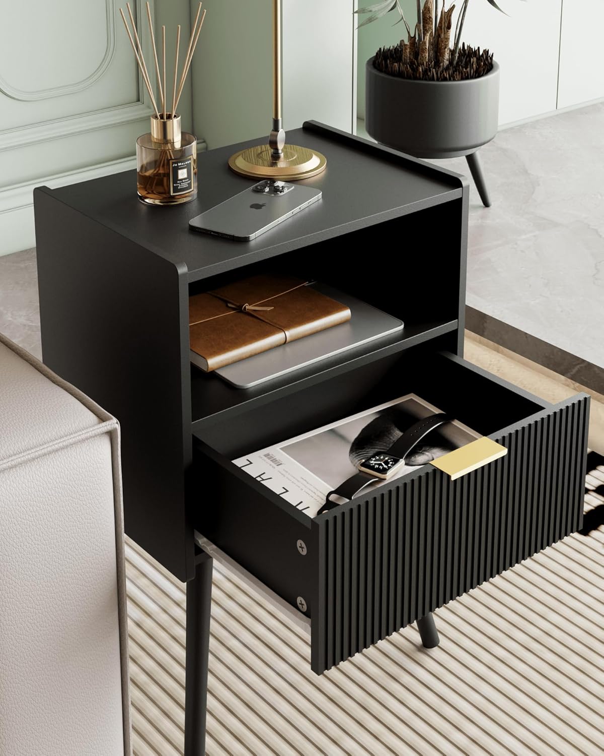 Nightstand,Modern Bedside Table with Storage Drawer and Open Wood Shelf, Accent Night Stand with Solid Wood Legs for Living Room, Bedroom and Small Spaces,Easy Assembly (Black)