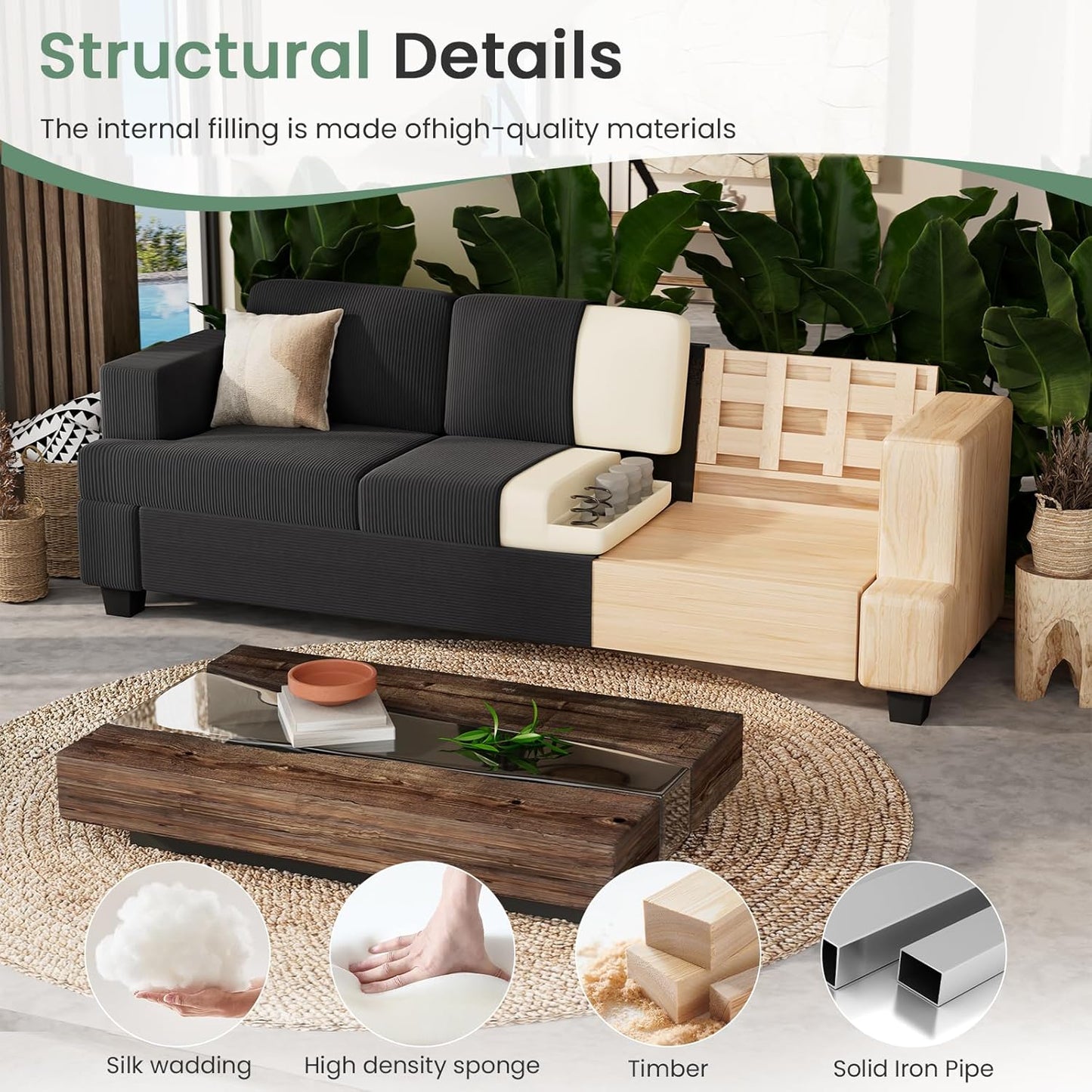 2 Piece Set Comfy Sofa Couch, 2 3-Seater Sofa with Deep Seats, Modern Sleeper Couch for Living Room, Black Corduroy