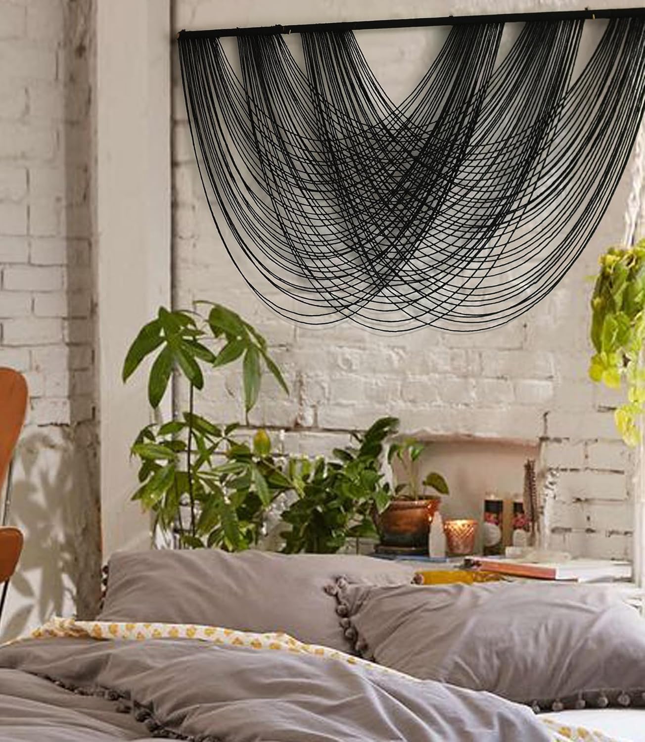 Flber Macrame Wall Hanging Black 59.00" W x 31.00" L Boho Wall Decor Large Boho Yarn Tapestry Living Room Bedroom Home Wall Décor