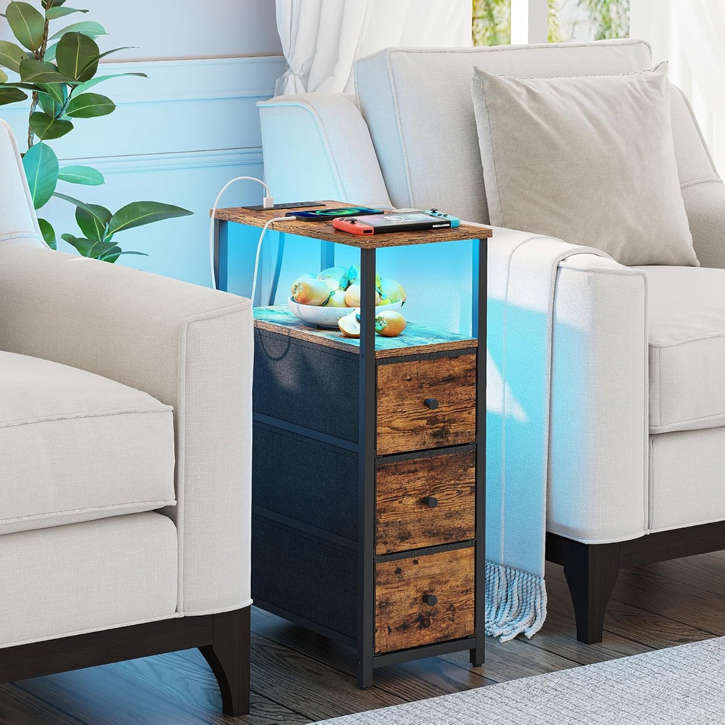 TUTOTAK Narrow LED Night Stand with Charging Station, Slim End Table with Plugins, Tall Side Table with 3 Fabric Drawer, Small Bedside Table with Storage, for Living Room, Brown TB01BB086L