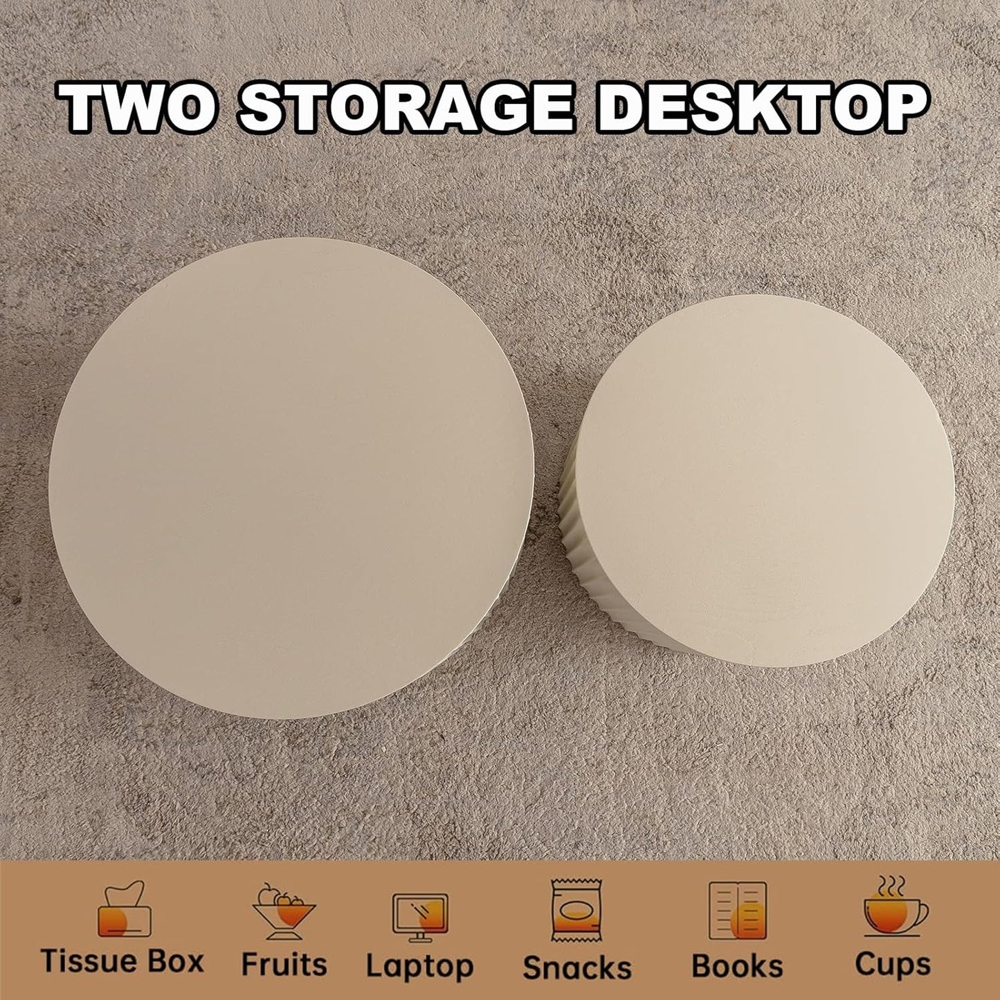 Round Nesting Coffee Table Set of 2, Modern Coffee and End Table Set Small Circle Wooden Drum Side Table Accent End Tables for Living Room Office, No Assembly,Cream Large