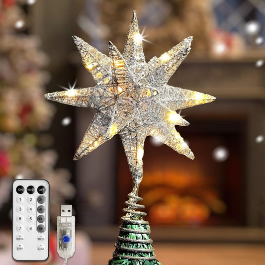 Christmas Tree Topper Star with White 50 LED Lights, Star Tree Topper for Christmas Tree Tradition Moravian Decor, 11X 7.87 Inch with 5m Long Line, Estrella para Arbol De Navidad, Silver