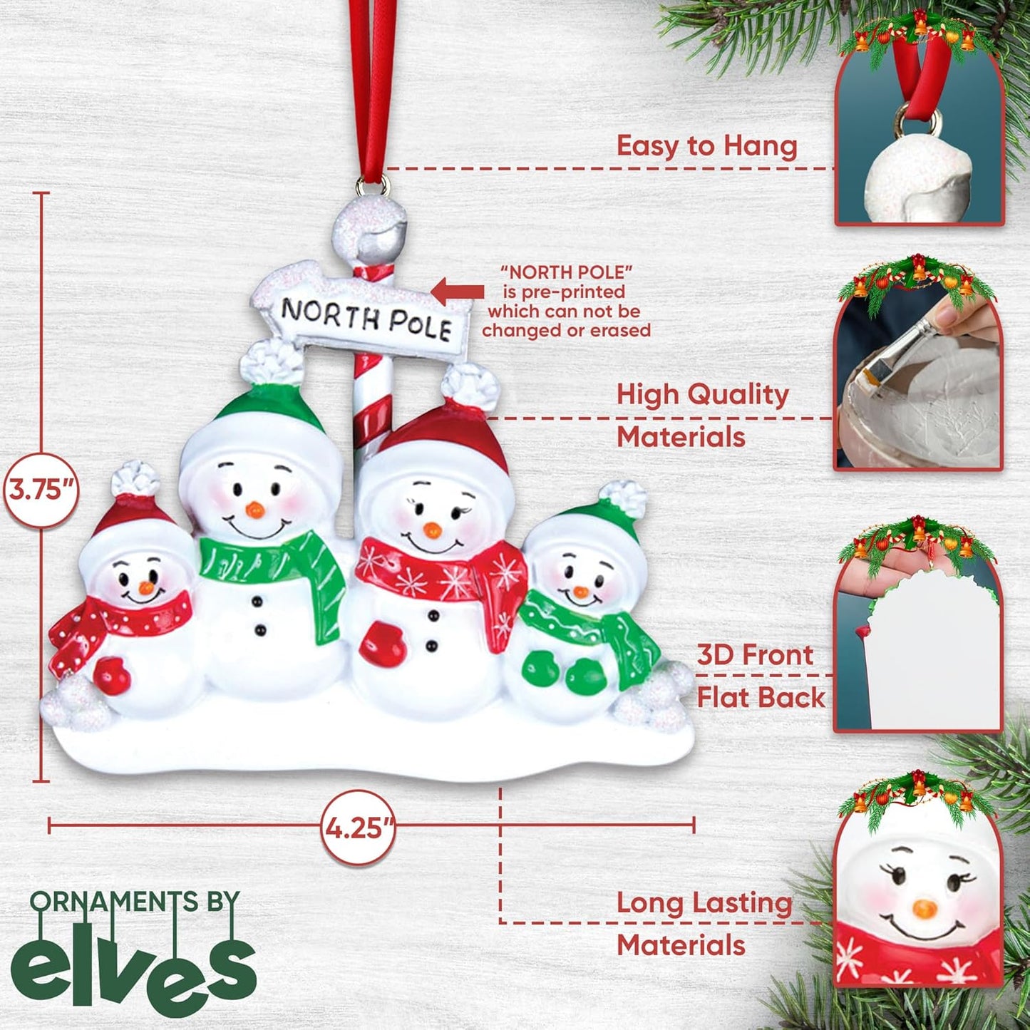 3D Snowman Family of 4 Christmas Ornament 2025 Personalized Family Christmas Ornaments 2025 | Winter Holiday Snowmen Personalized Tree Ornaments Customizable Gifts for Snow People of Four Ornament