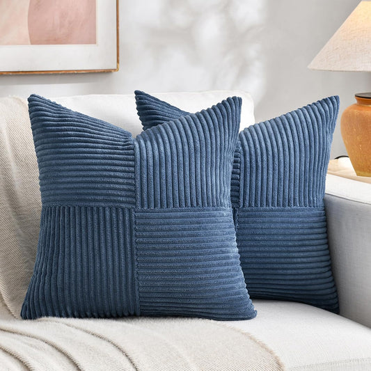 Fancy Homi 2 Packs Dusty Blue Decorative Throw Pillow Covers 18x18 Inch for Living Room Couch Bed, Farmhouse Boho Home Decor, Soft Corss Corduroy Patchwork Textured Square Cushion Case 45x45cm