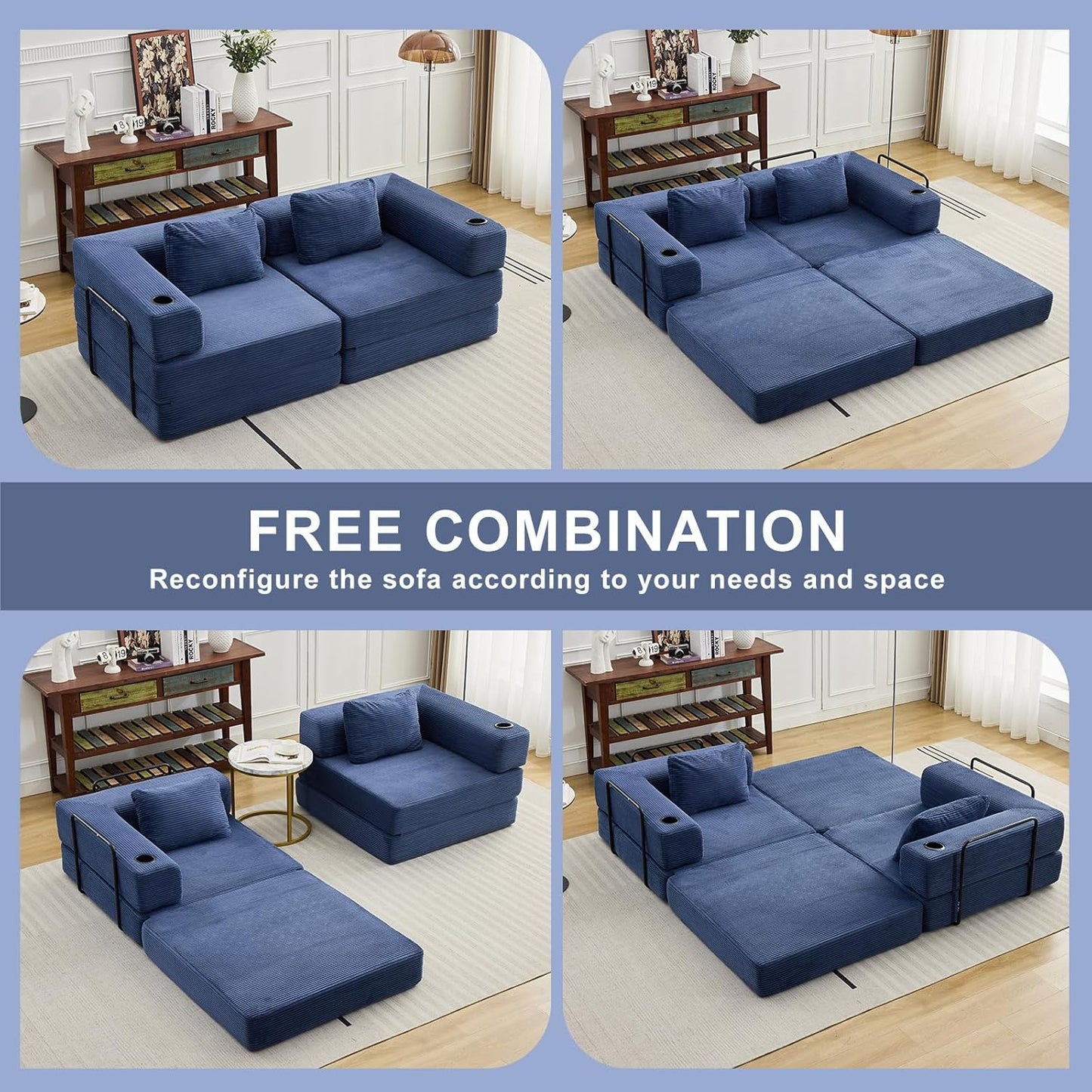 78" W Loveseat Sofa, 4 in 1 Convertible Floor Sofa Bed, Boneless Cloud Couch with Cup Holder, Fold Out Floor Couch, Loveseat Recliner Sleeper for Living Room Bedroom Lounge(Corduroy, White)