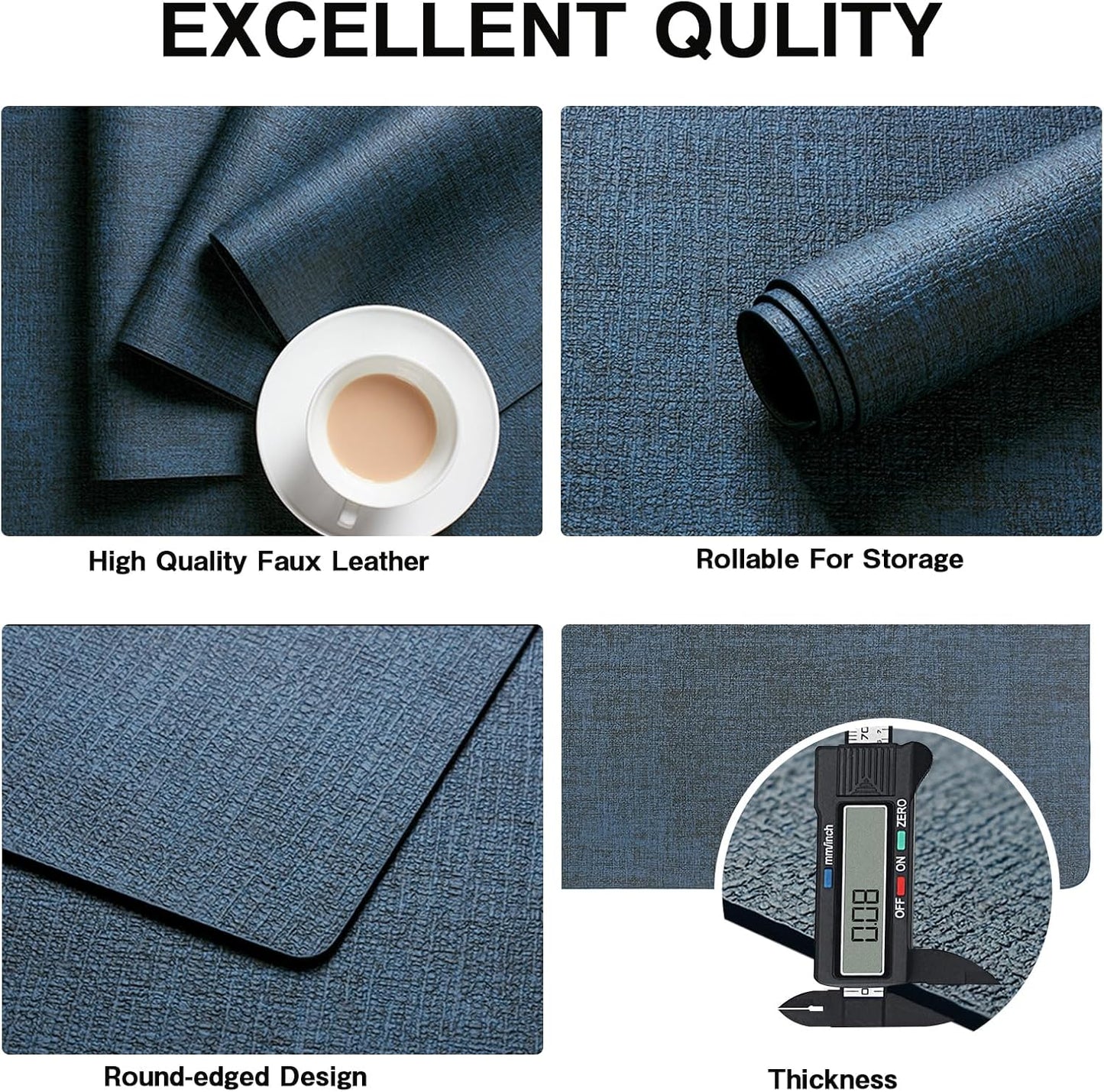 Chrysameld Vinyl Placemats Set of 4 - Faux Leather 100% Waterproof Oil-Proof Wipeable PU Place Mats, Heat Resistant Anti Slip Reversible Table Mats for Indoor & Outdoor Use,(17×12Inch, Navy Blue)