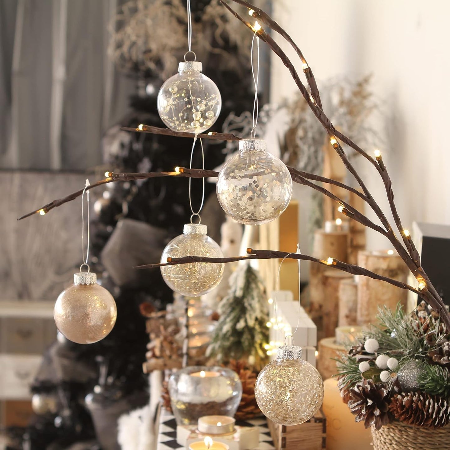 Sea Team Multi-Size Shatterproof Clear Plastic Christmas Tree Ball Ornaments Set, Decorative Hanging Transparent Xmas Baubles with Stuffed Delicate Decorations (48 Counts, Champagne)