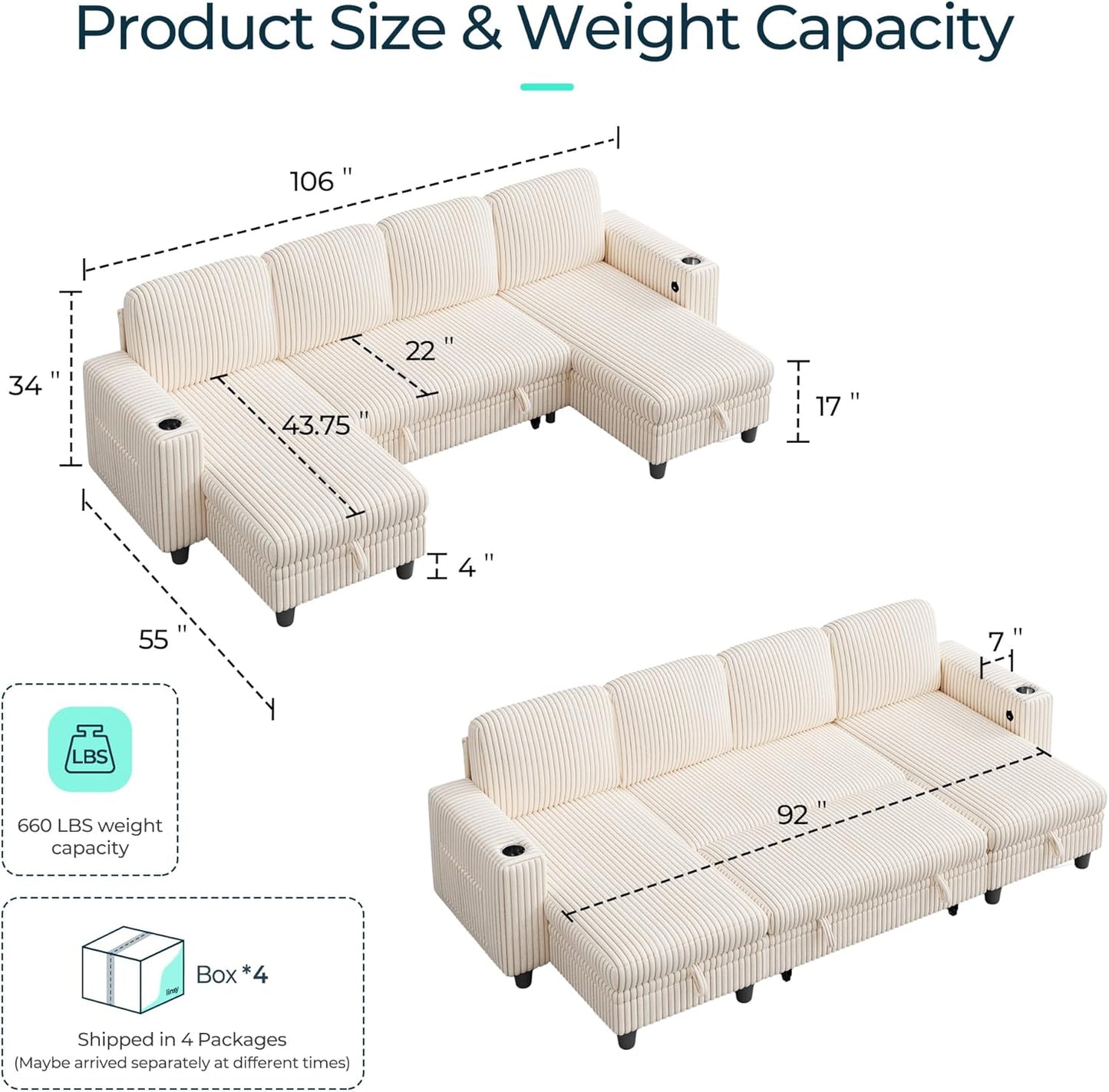 LINSY HOME Sectional Sleeper Sofa with Pull Out Couch Bed - Convertible Plush Corduroy Cloud Couch with Storage Chaise & USB Charging, Comfy U Shaped Modular Couches for Living Room, Beige